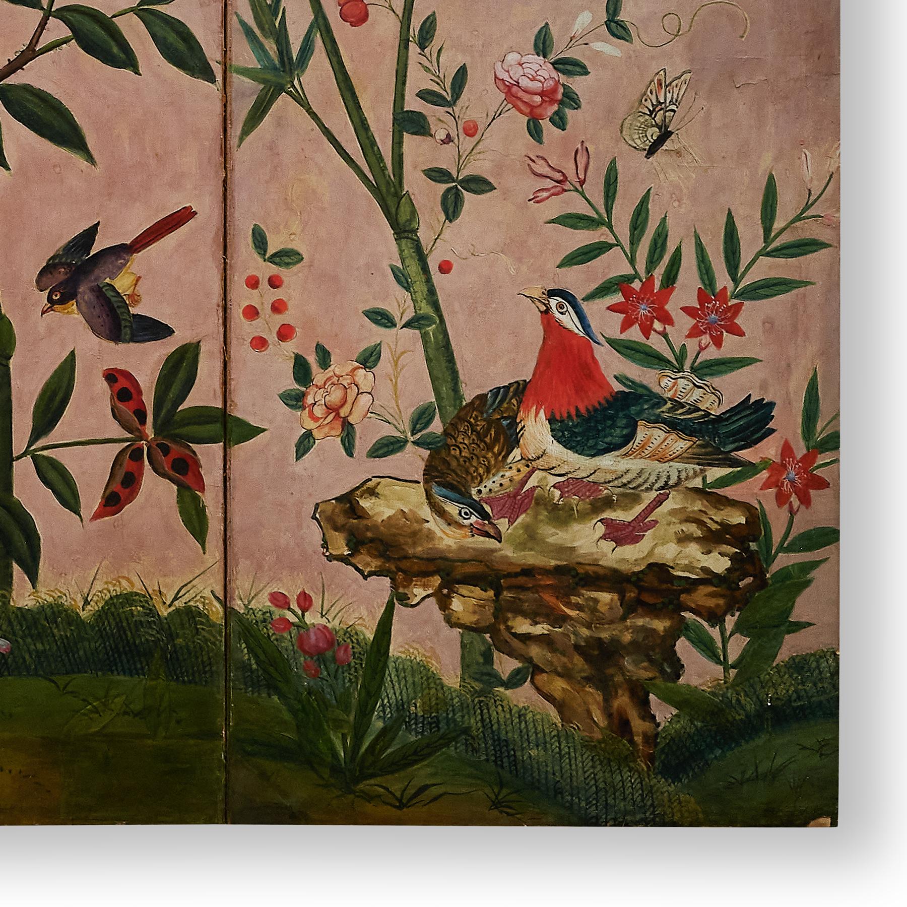 An impressive six-panel Chinese wallpaper (hand-painted tempura) decoupage screen, the wallpaper dating to the late 18th or early 19th century. The screen depicts a garden scene with roosters and pheasants, their feathers depicted with a range of