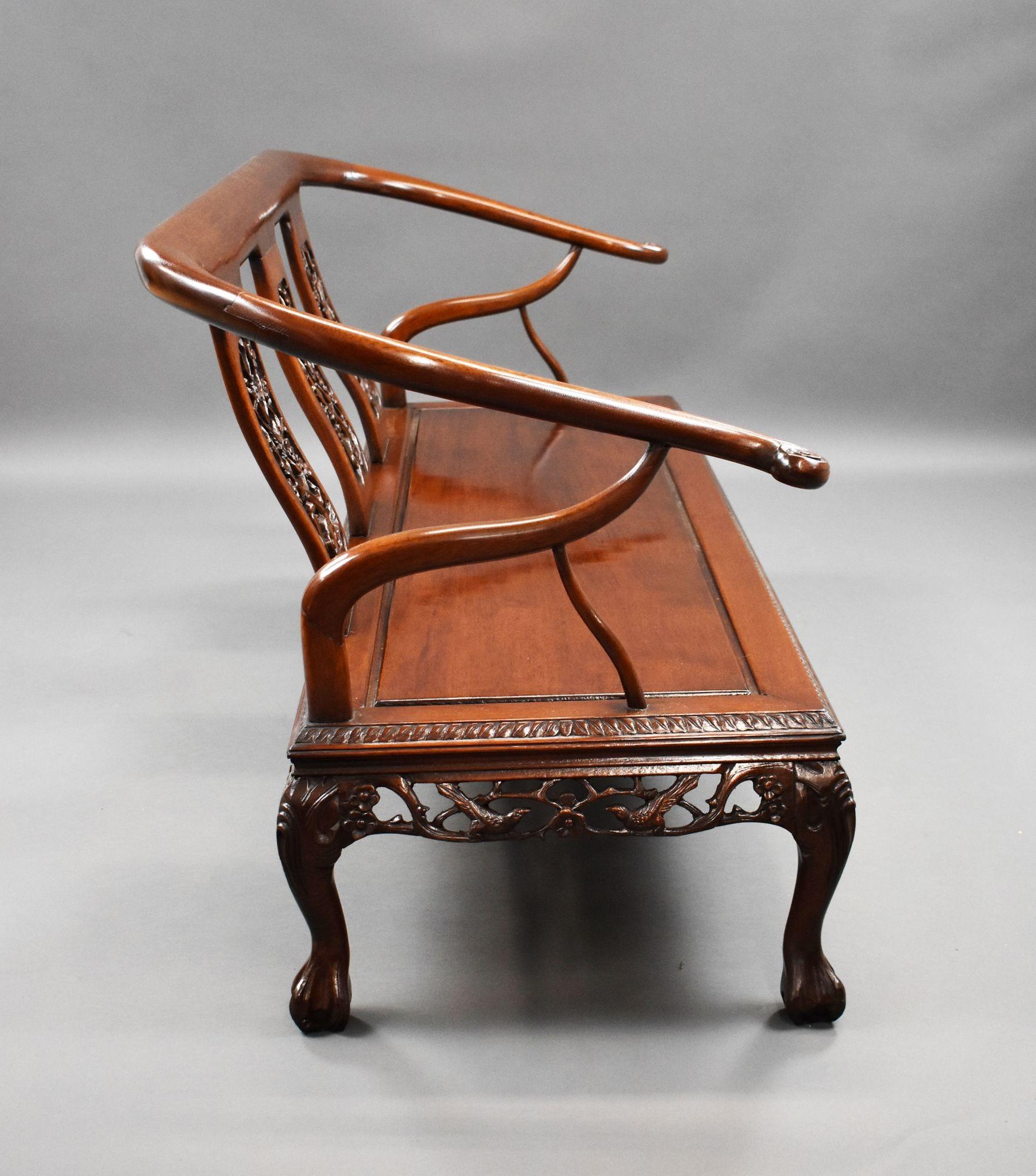 For sale is a fine quality Chinese sofa, profusely carved with leaves and birds throughout, this piece remains in very good condition for its age.
Measures: Width: 172cm Depth: 71cm Height: 78cm.