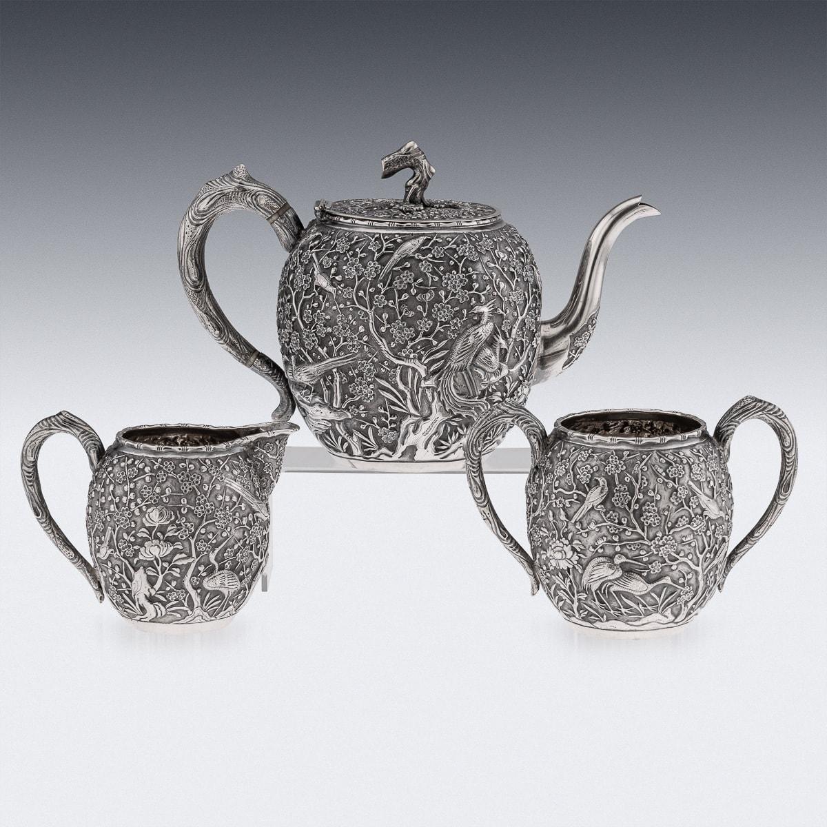 Chinese Export 19th Century Chinese Solid Silver Cherry Blossom Tea Set, Wang Hing c.1890 For Sale