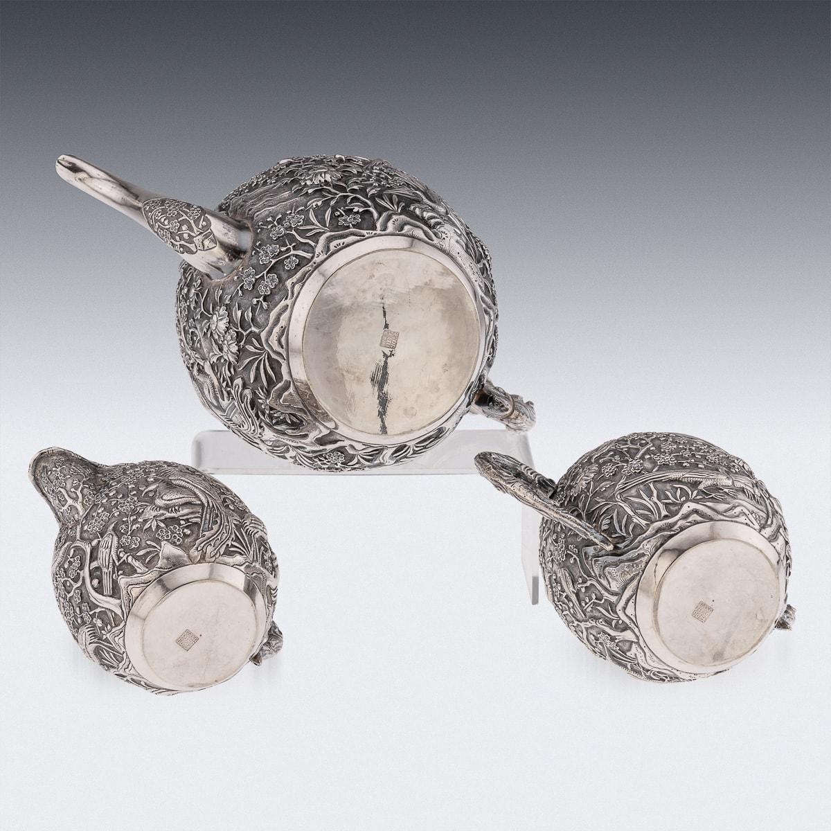 Late 19th Century 19th Century Chinese Solid Silver Cherry Blossom Tea Set, Wang Hing c.1890 For Sale