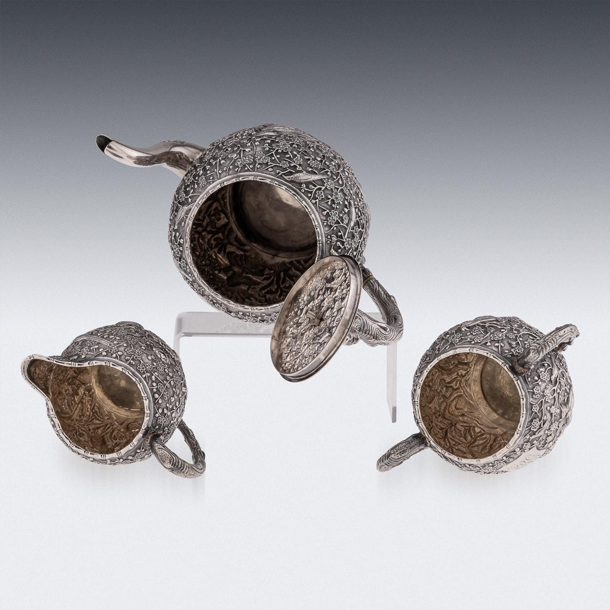 19th Century Chinese Solid Silver Cherry Blossom Tea Set, Wang Hing c.1890 For Sale 1