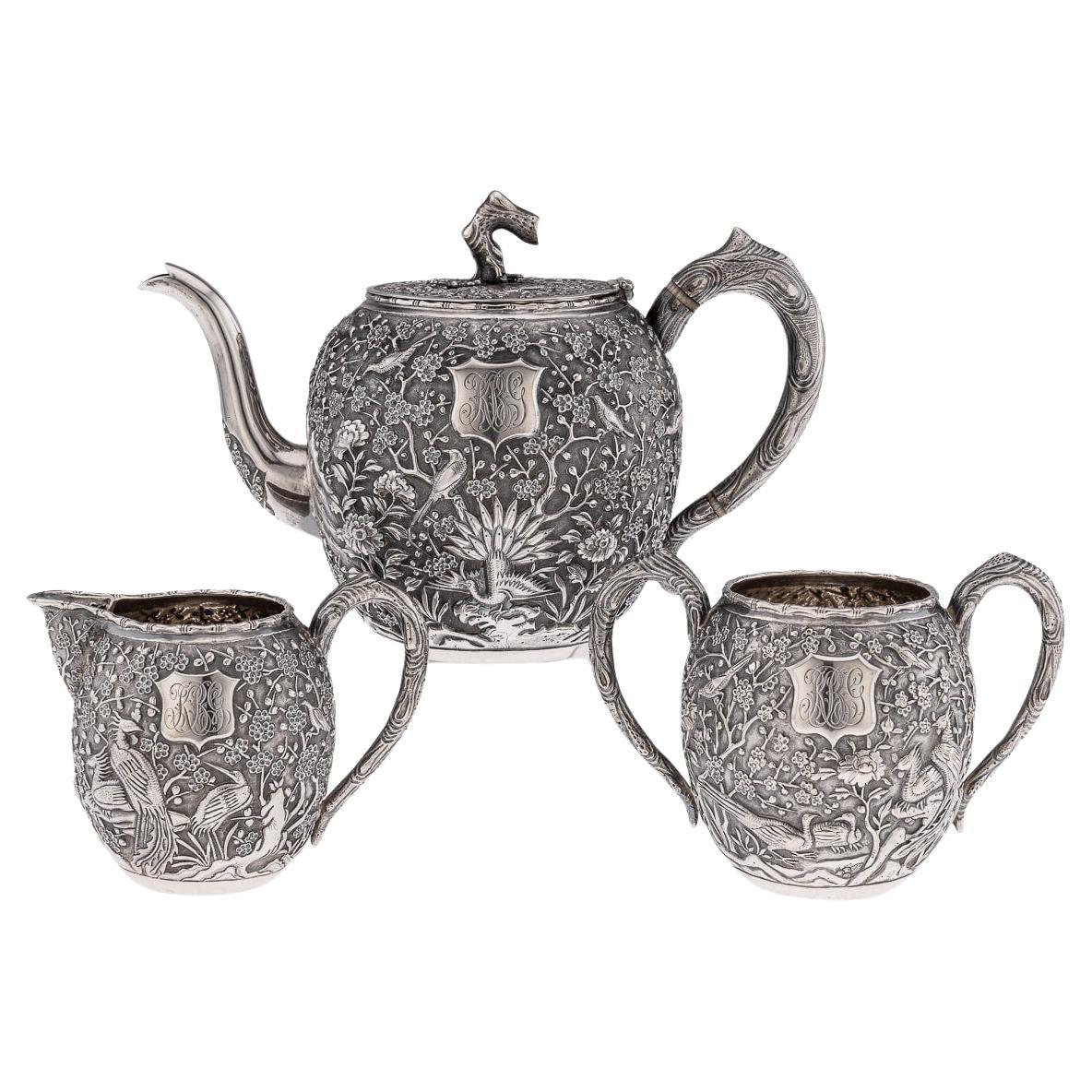 19th Century Chinese Solid Silver Cherry Blossom Tea Set, Wang Hing c.1890 For Sale