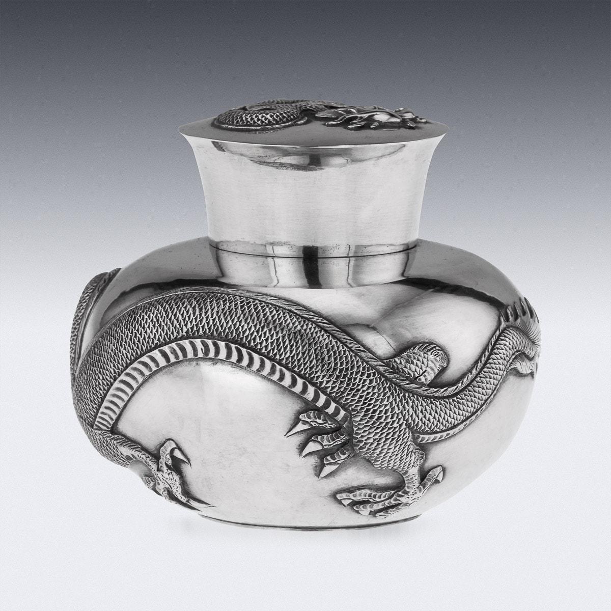 19th Century Chinese Solid Silver Dragon Tea Caddy, Luen Wo, Shanghai, c.1880 2