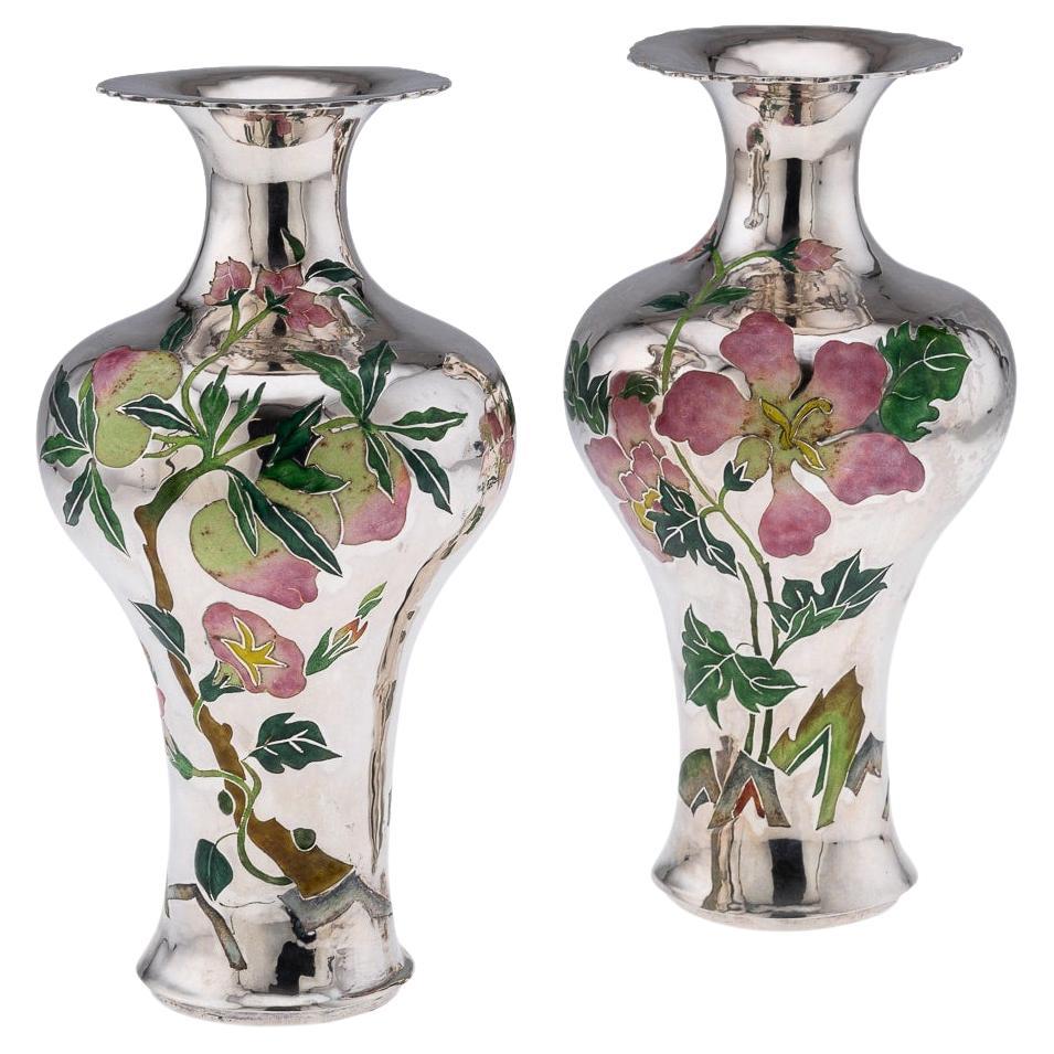 19th Century Chinese Solid Silver & Enamel Vases, Zeng, Ruihua, Beijing c.1890