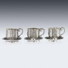 19th Century Chinese Solid Silver Three Tea Cups & Saucers, Nam-Hing, circa 1890