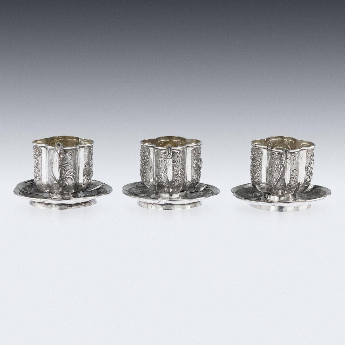 Chinese Export 19th Century Chinese Solid Silver Three Tea Cups & Saucers, Nam-Hing, circa 1890
