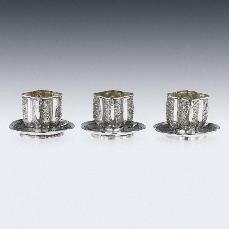 19th Century Chinese Solid Silver Three Tea Cups and Saucers, NamHing