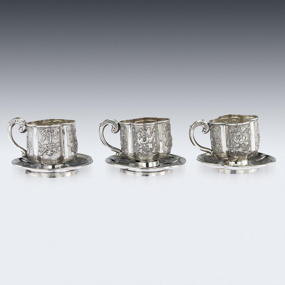 19th Century Chinese Solid Silver Three Tea Cups & Saucers, Nam-Hing, circa 1890 In Good Condition In Royal Tunbridge Wells, Kent