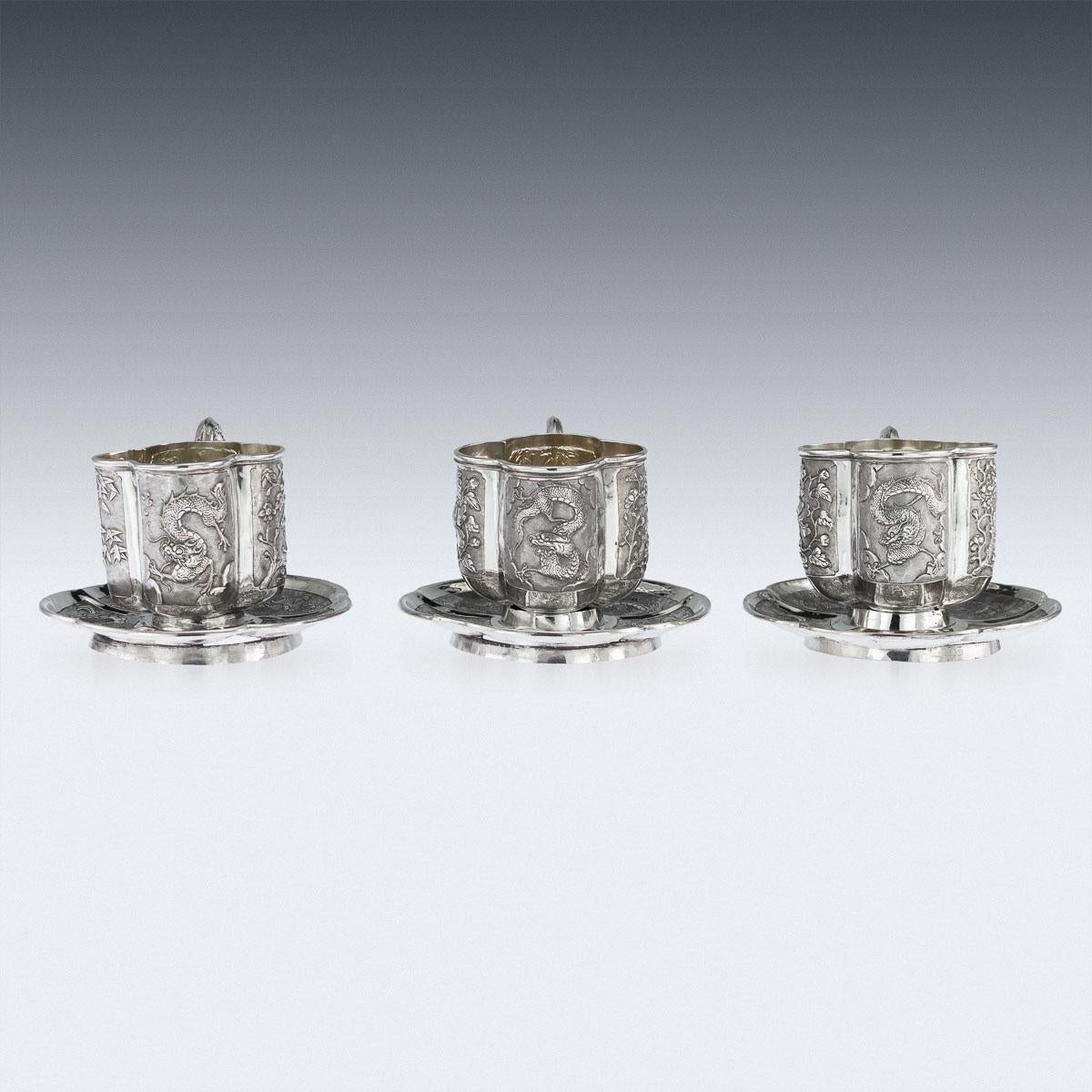 19th Century Chinese Solid Silver Three Tea Cups & Saucers, Nam-Hing, circa 1890 1