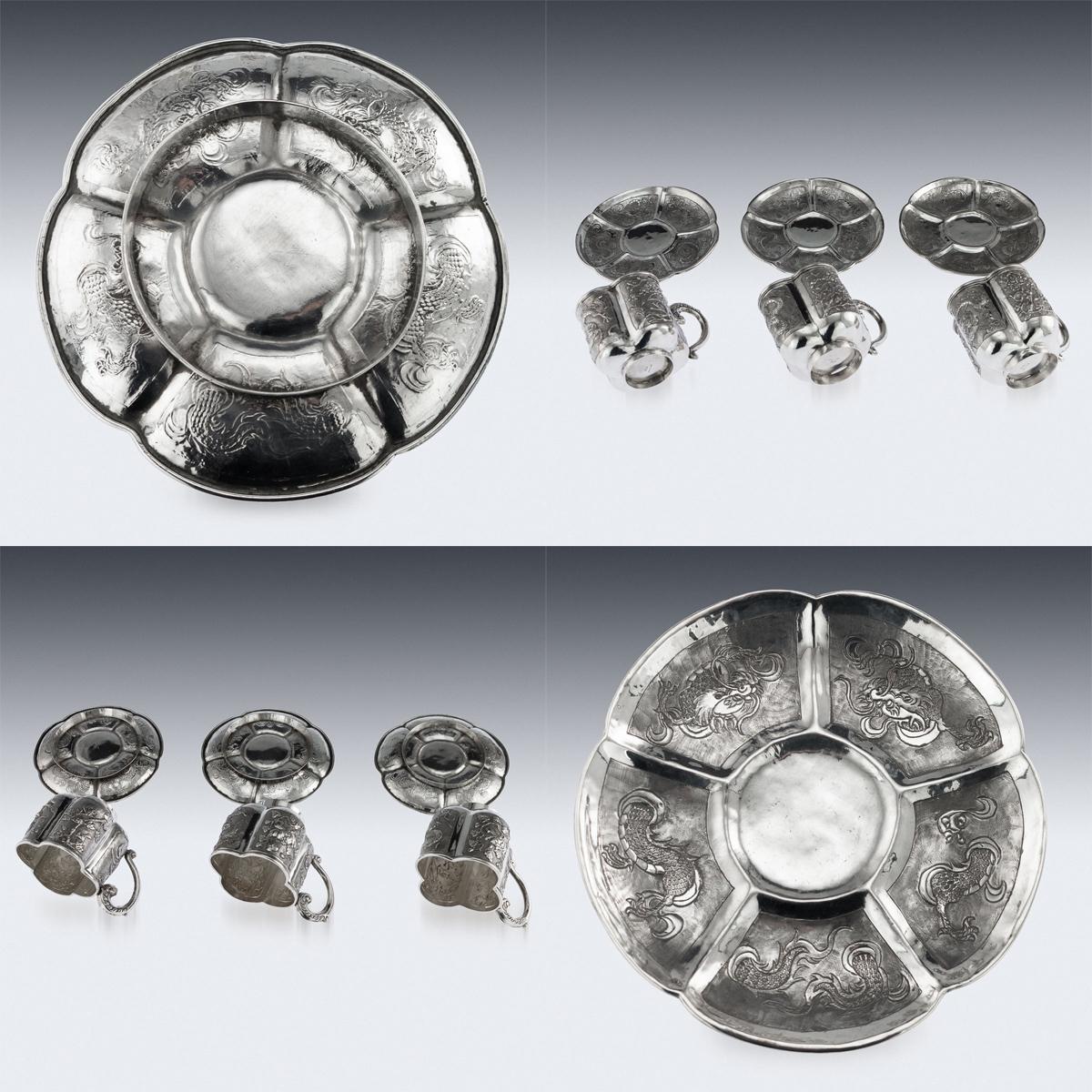 19th Century Chinese Solid Silver Three Tea Cups & Saucers, Nam-Hing, circa 1890 2