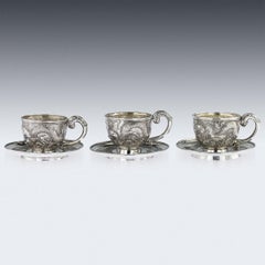 19th Century Chinese Solid Silver Three Tea Cups & Saucers, Nam-Hing, circa 1890