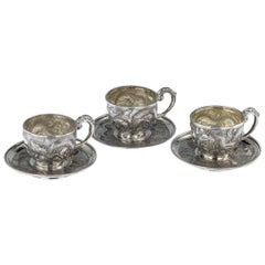 Antique 19th Century Chinese Solid Silver Three Tea Cups & Saucers, Nam-Hing, circa 1890