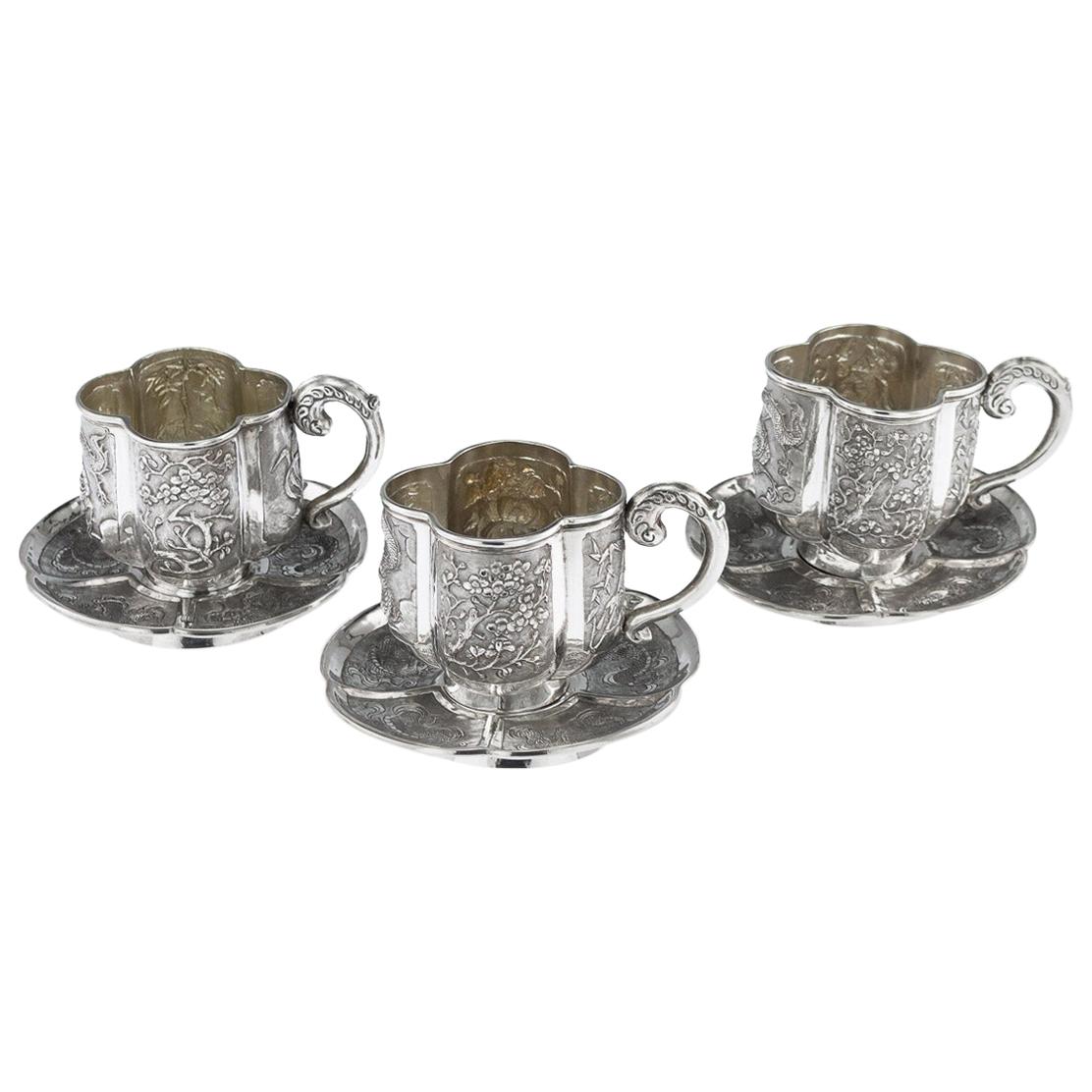 19th Century Chinese Solid Silver Three Tea Cups & Saucers, Nam-Hing, circa 1890