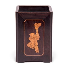 19th Century Chinese Square Rosewood, Boxwood, and Bone Brush Pot