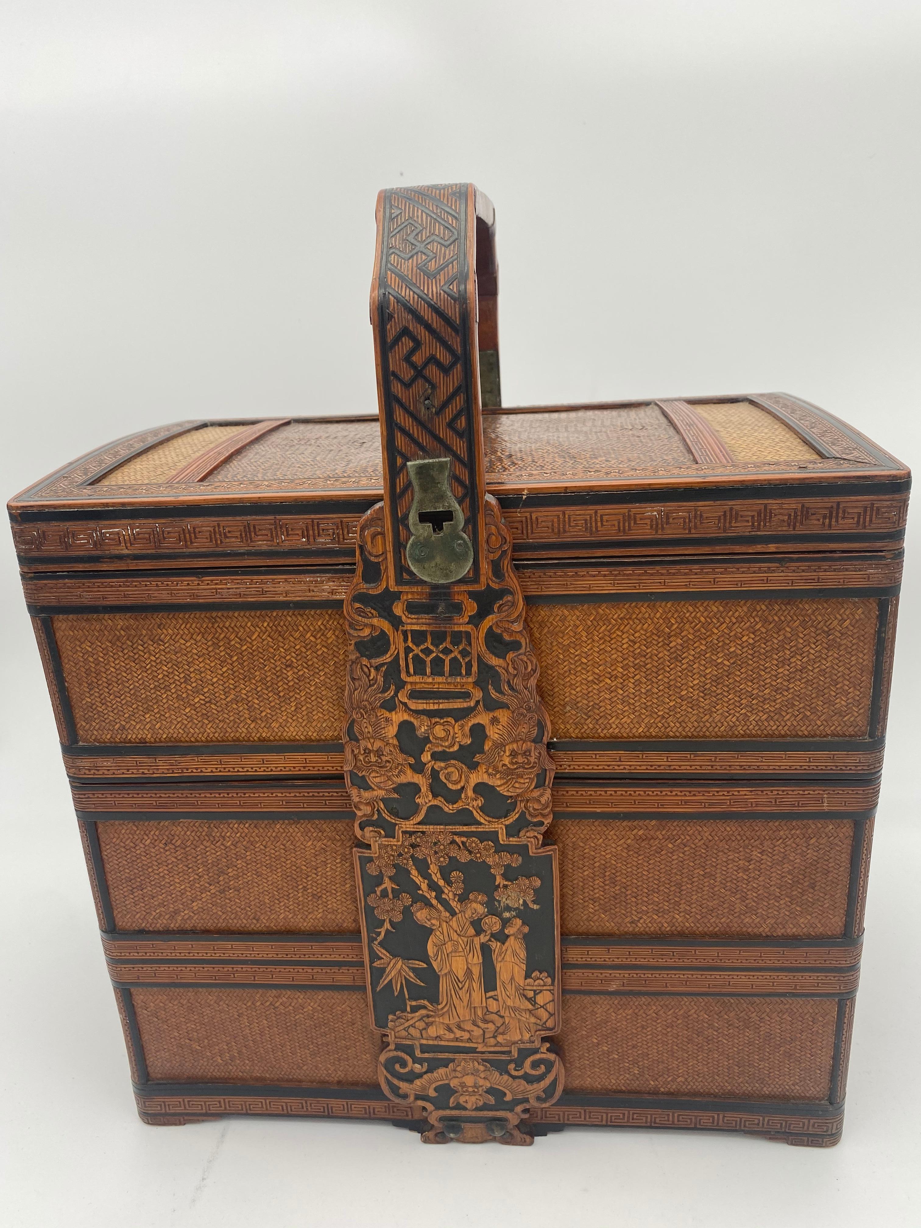 Antique 19th century Chinese stacked snack box. Decorated all-over with intricate designs and handle connects to depiction of family under a tree. Height of box without handle is 10 inches.