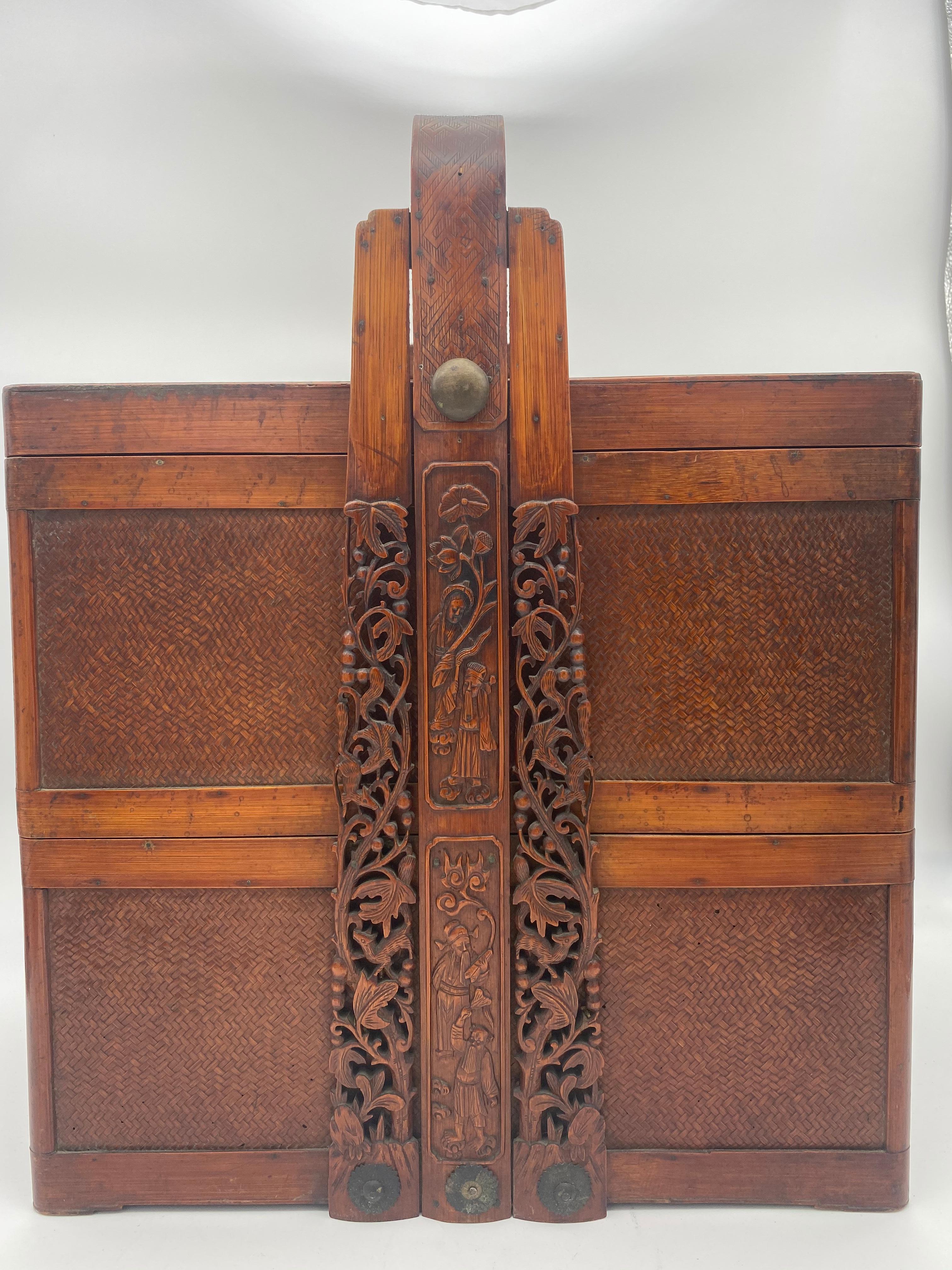 Antique 19th century Chinese stacked snack box. Decorated all-over with intricate designs, with a beautiful design of people on top. Height of box without handle is 14 inches.