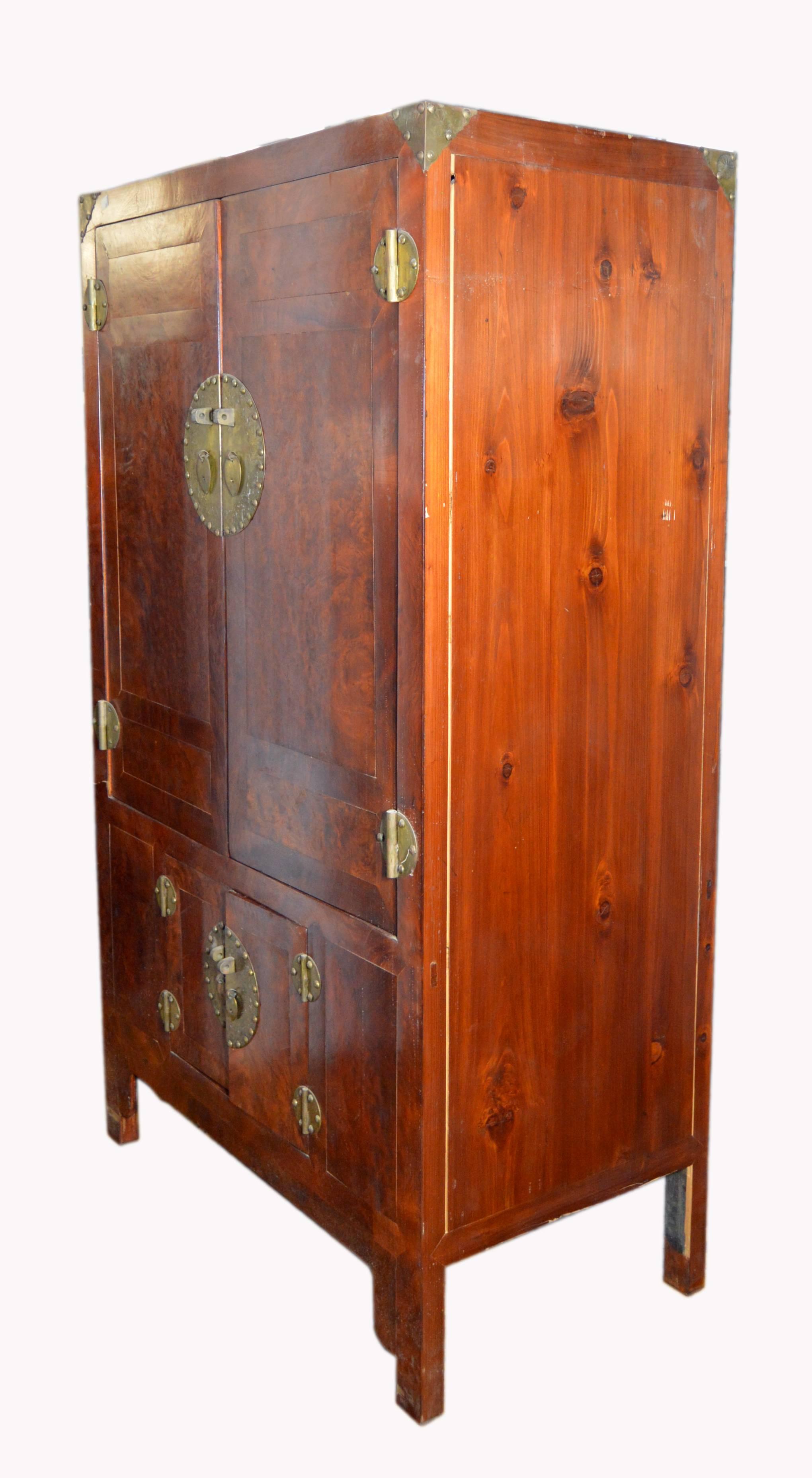 19th Century Chinese Stained Burlwood Armoire with Four Doors and Brass Hardware In Good Condition For Sale In Yonkers, NY