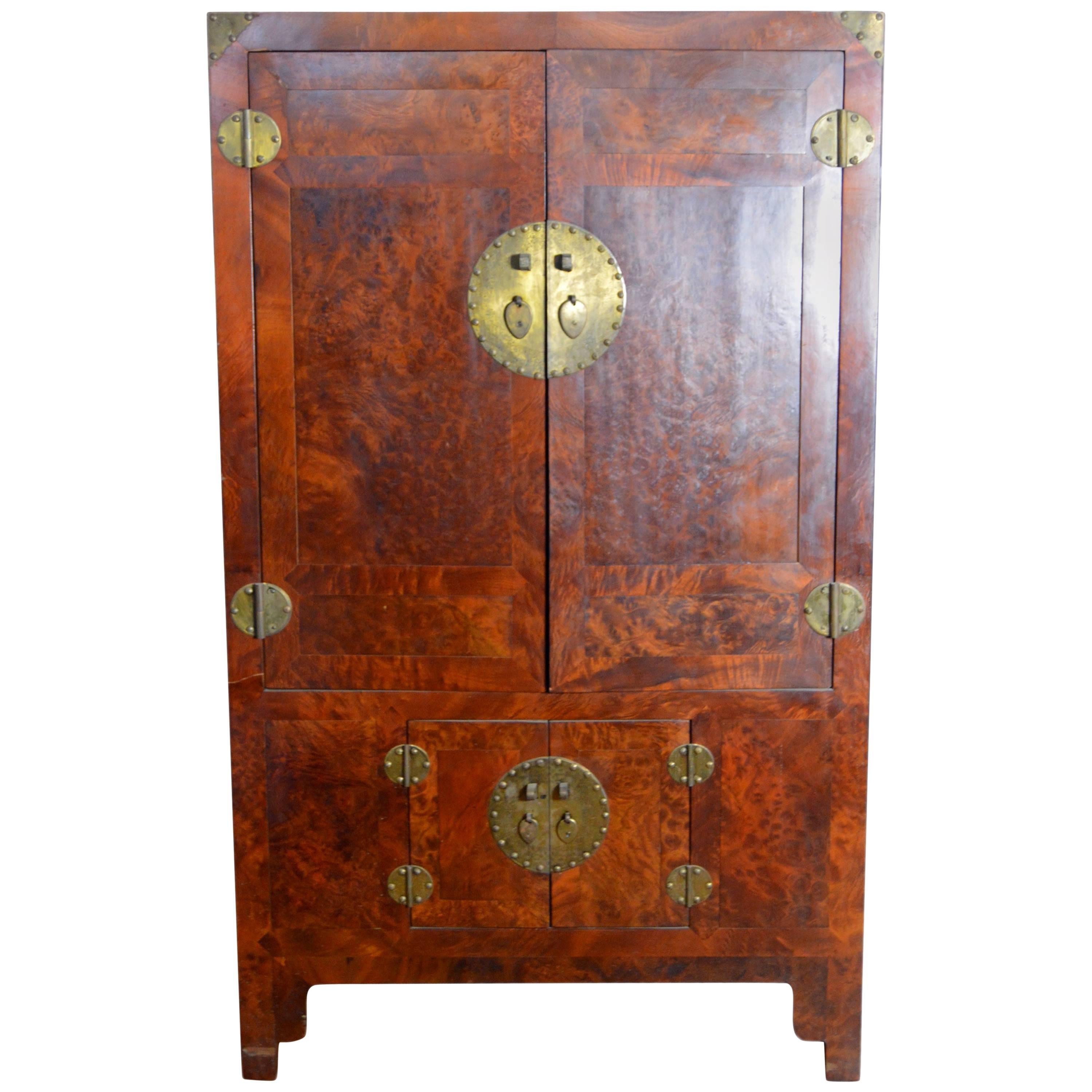 19th Century Chinese Stained Burlwood Armoire with Four Doors and Brass Hardware For Sale