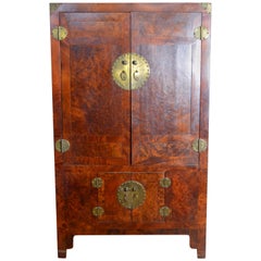 19th Century Chinese Stained Burlwood Armoire with Four Doors and Brass Hardware