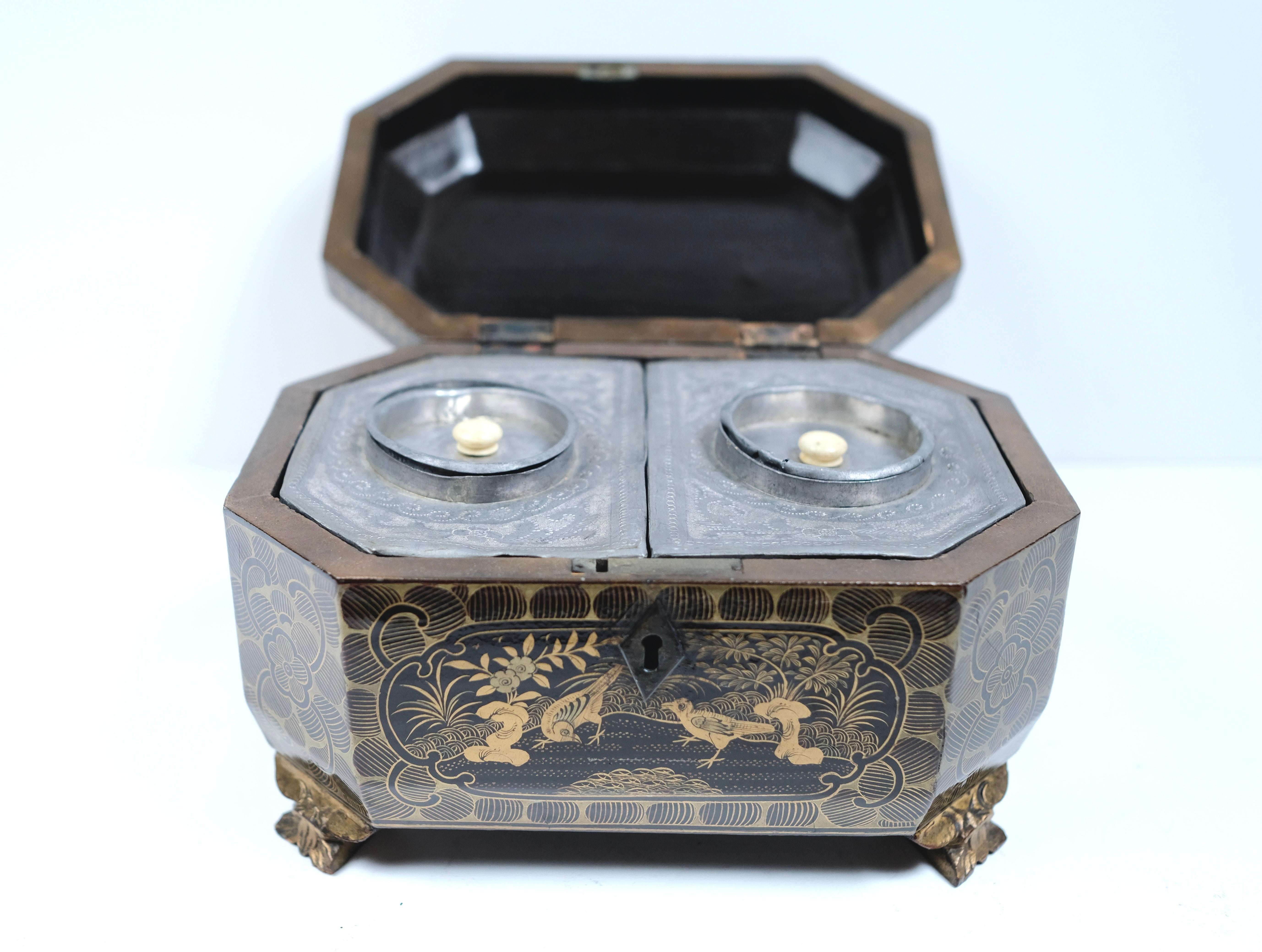 Hand painted with chinoiserie motif. Original inserts with etching.