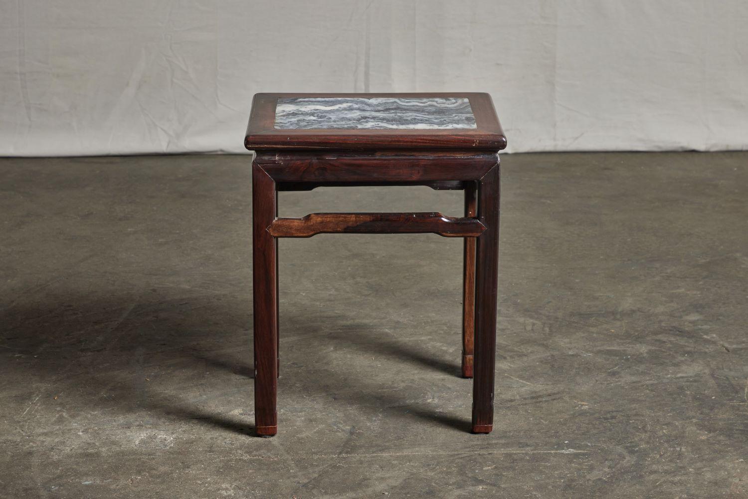 Pair of rosewood tea tables from Kwangtung. “Hong Mu” Pair only. With gray rectangular marble top.