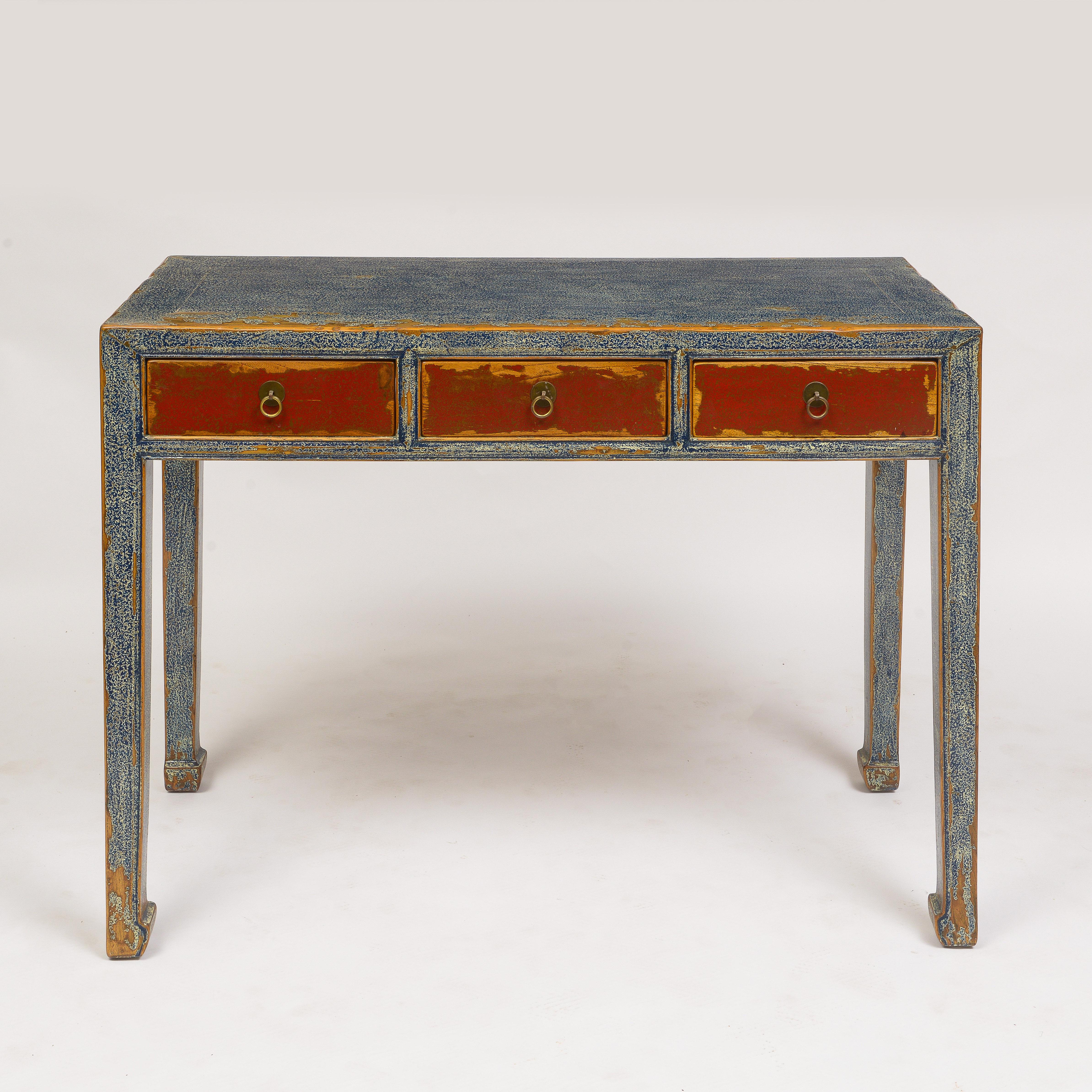 19th century Chinese console made of Jumu wood (southern elm)
Painted and marbleized paper covered Console
Three red drawers with brass hardware
Purposeful distressed finish.