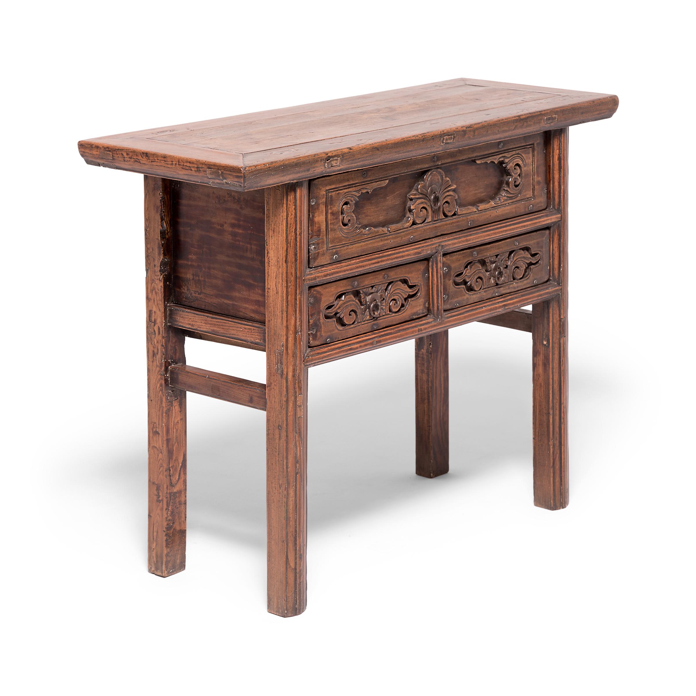 Hand-Carved Chinese Three-Drawer Console Table, c. 1850