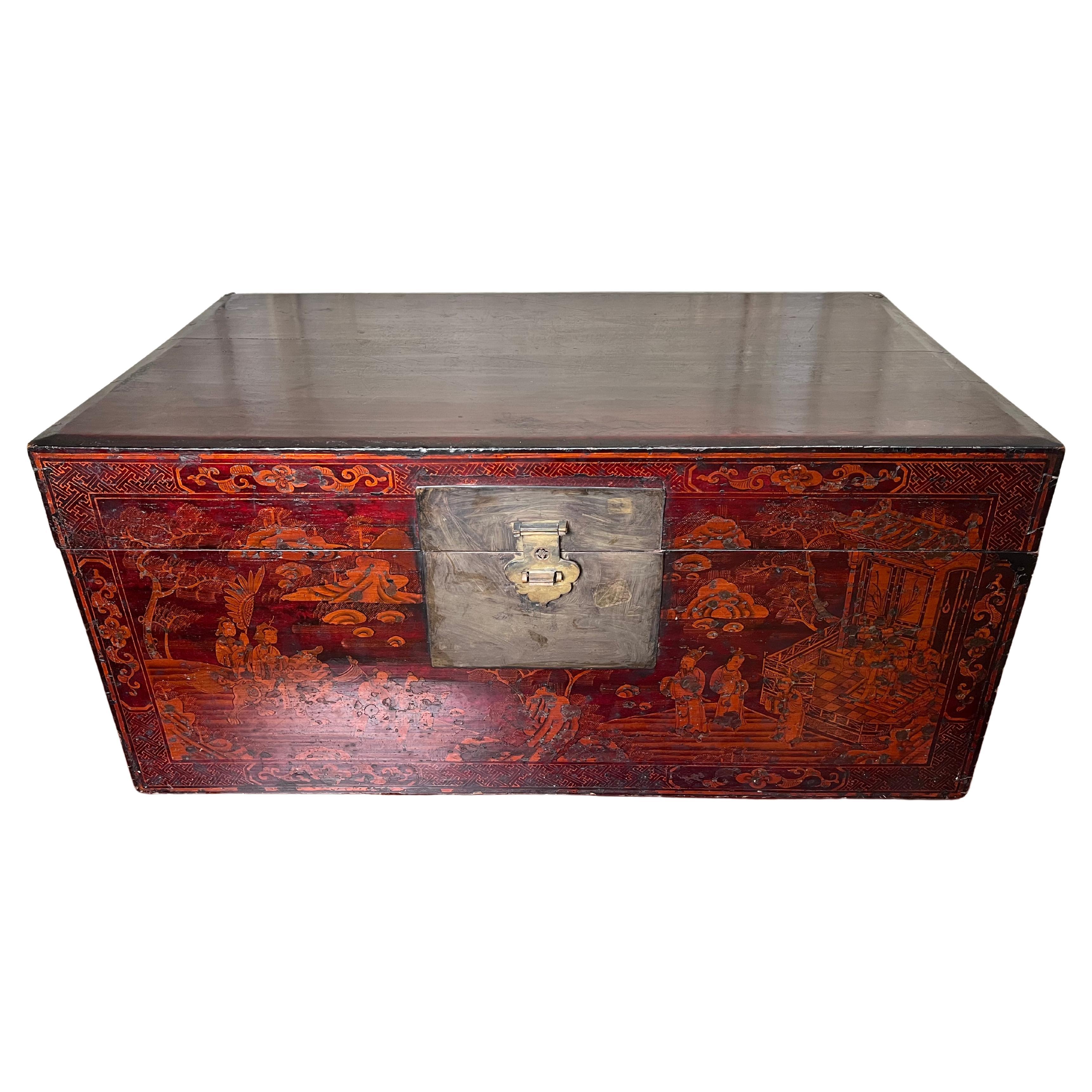 19th Century Chinese Trunk with Red and Gold Lacquer For Sale