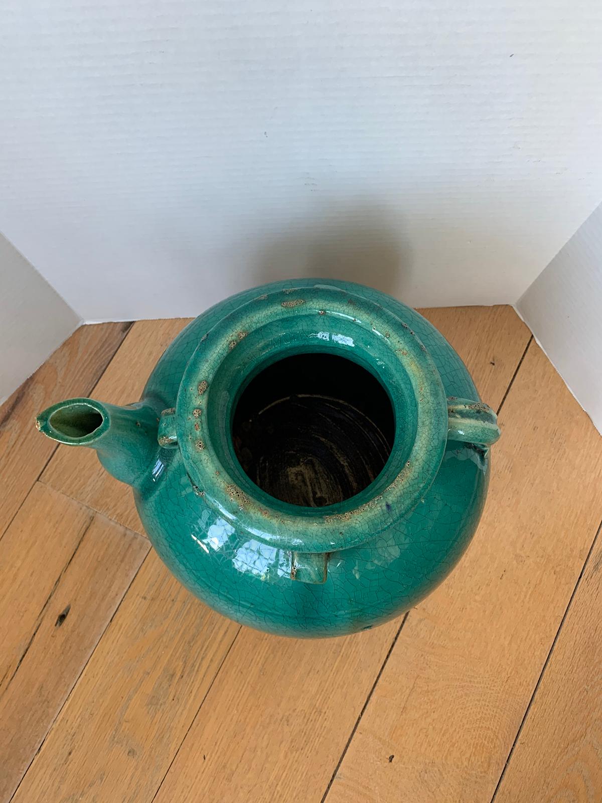 19th Century Chinese Turquoise Glazed Pottery Jug / Pitcher In Good Condition For Sale In Atlanta, GA
