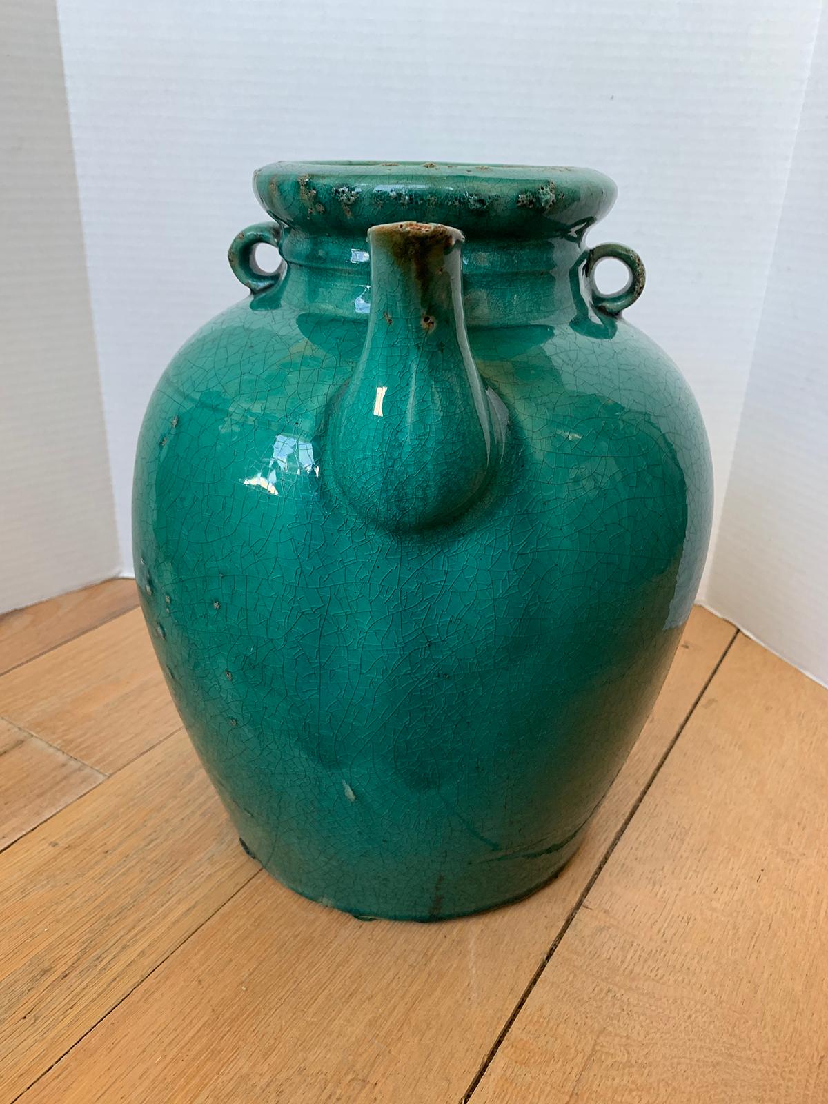 19th Century Chinese Turquoise Glazed Pottery Jug / Pitcher For Sale 1