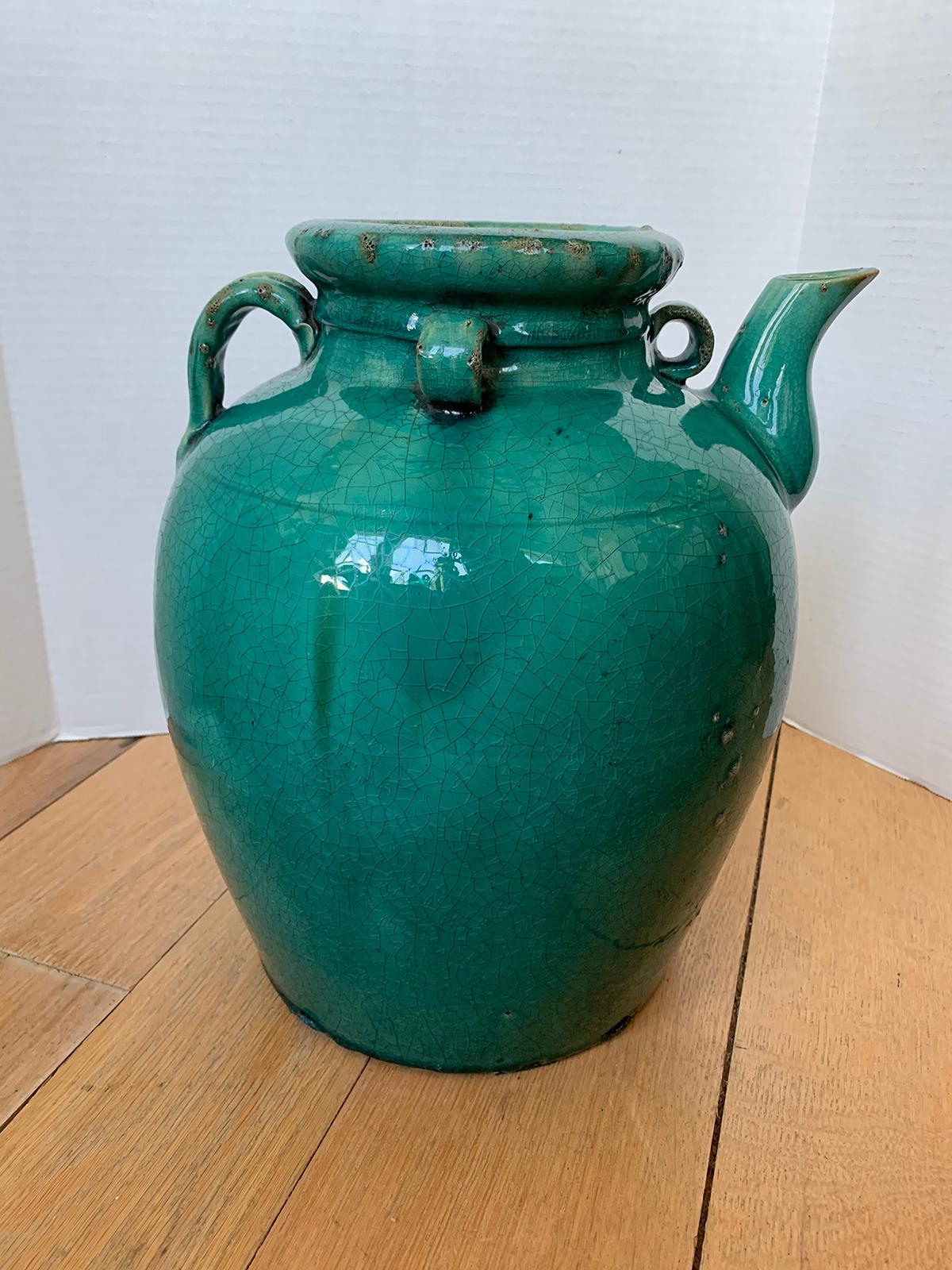 19th Century Chinese Turquoise Glazed Pottery Jug / Pitcher For Sale 2