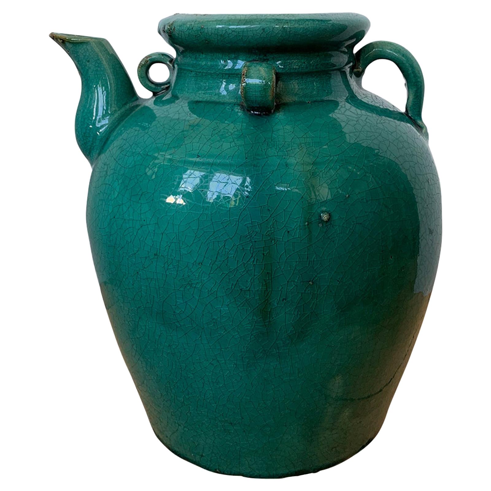 19th Century Chinese Turquoise Glazed Pottery Jug / Pitcher For Sale
