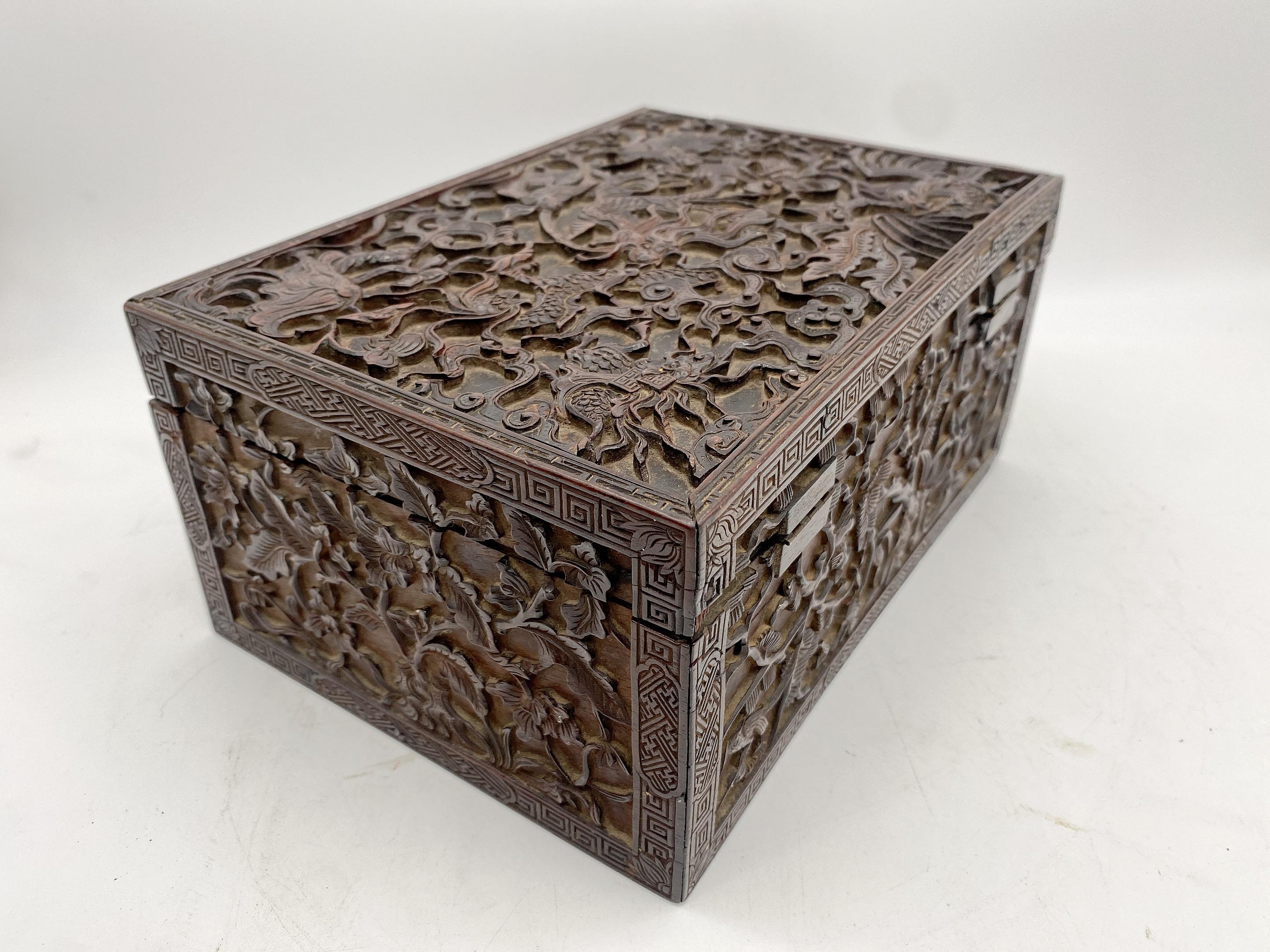 19th Century Chinese Wooden Rectangular 'Mythical Beasts' Box For Sale 8