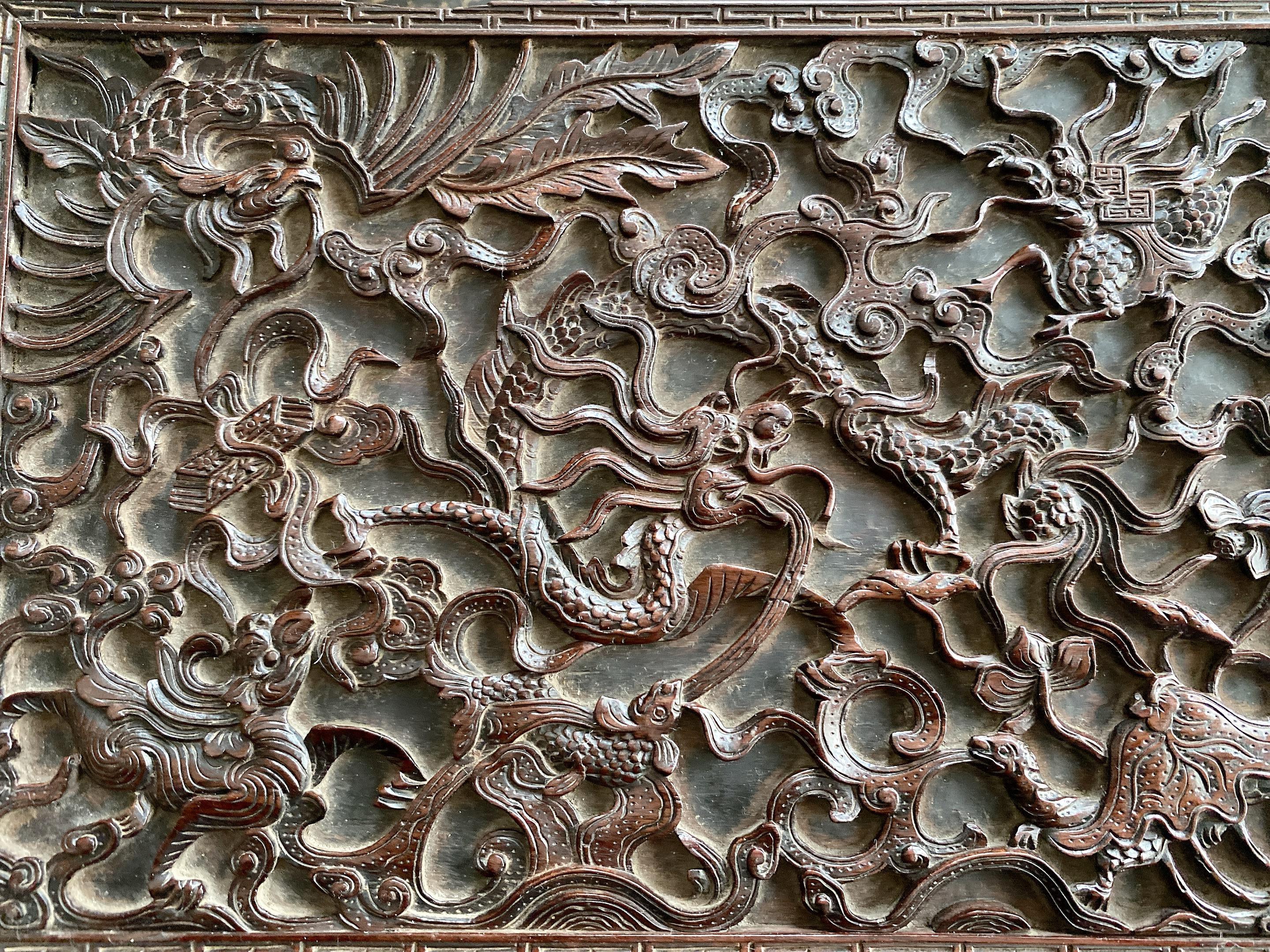 19th Century Chinese Wooden Rectangular 'Mythical Beasts' Box For Sale 10