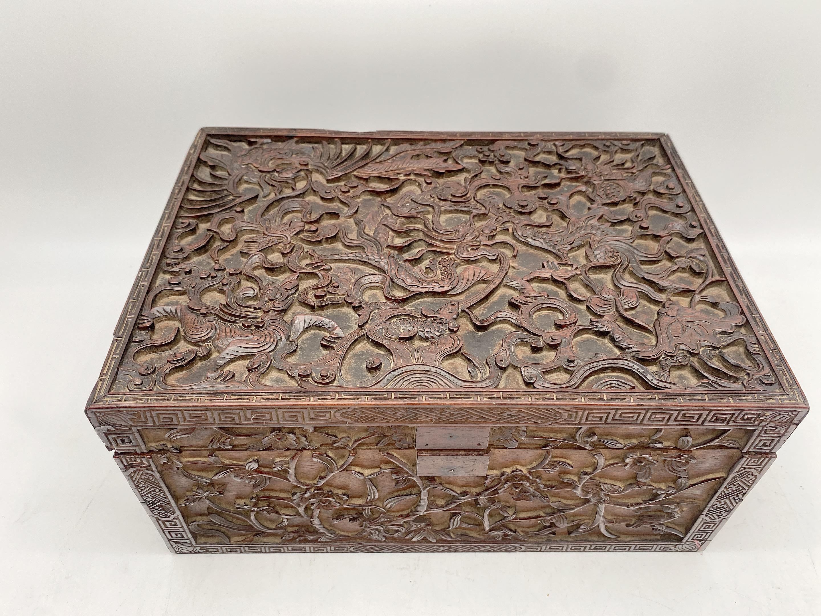 19th Century Chinese Wooden Rectangular 'Mythical Beasts' Box For Sale 14
