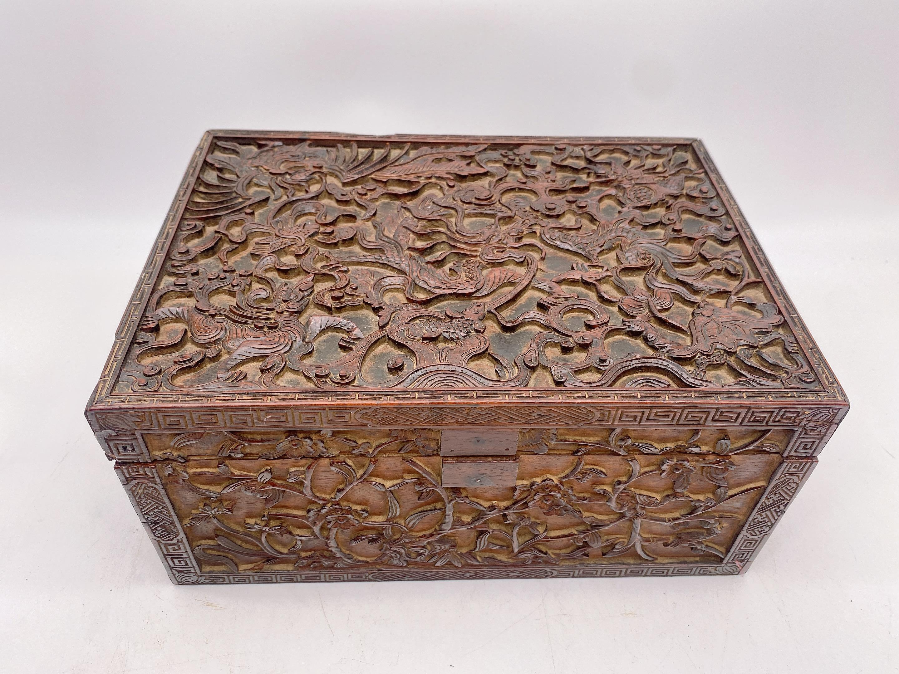 19th Century Chinese wooden rectangular 'Mythical Beasts' Box , it is maybe Zitan wood box, The hinged cover carved with a dragon, a phoenix, a qilin, a tortoise a fish and other creatures among stylised smoke, the sides with birds lurking amidst