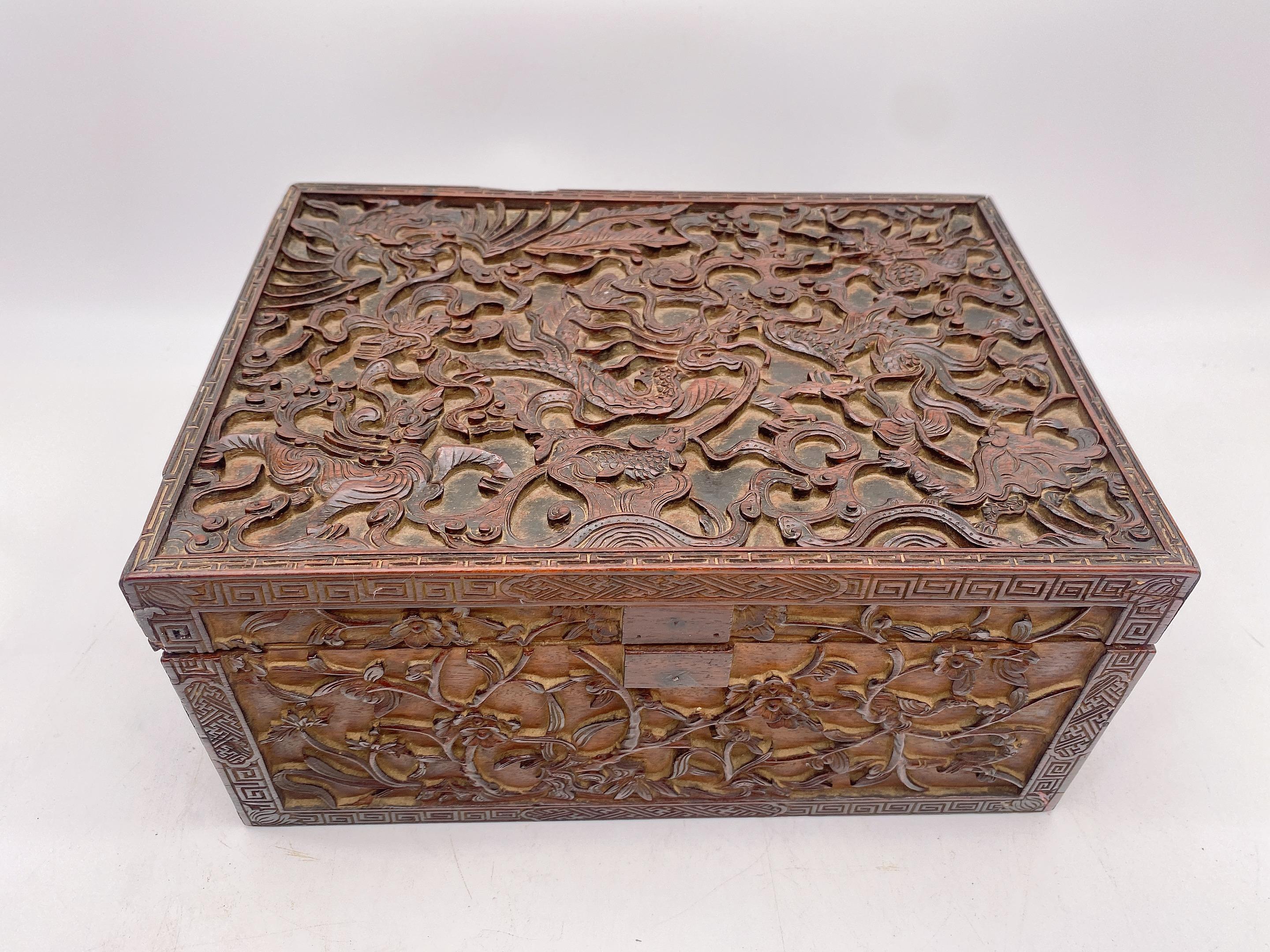 boîte rectangulaire en bois du 19ème siècle, peut-être une boîte en bois de Zitan, le couvercle à charnière est sculpté d'un dragon, d'un phénix, d'un qilin, d'une tortue, d'un poisson et d'autres créatures parmi des fumées stylisées, les côtés sont