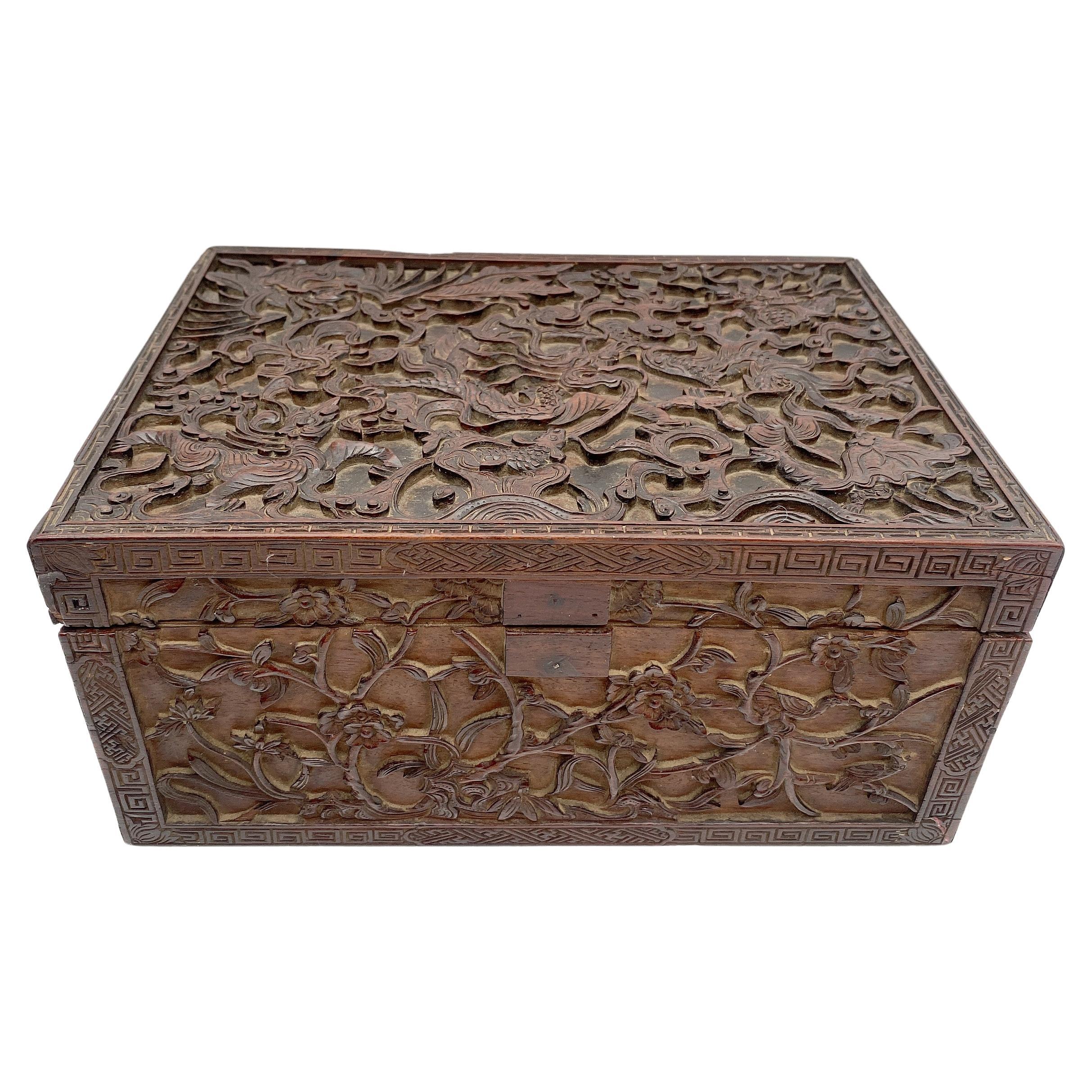 19th Century Chinese Wooden Rectangular 'Mythical Beasts' Box