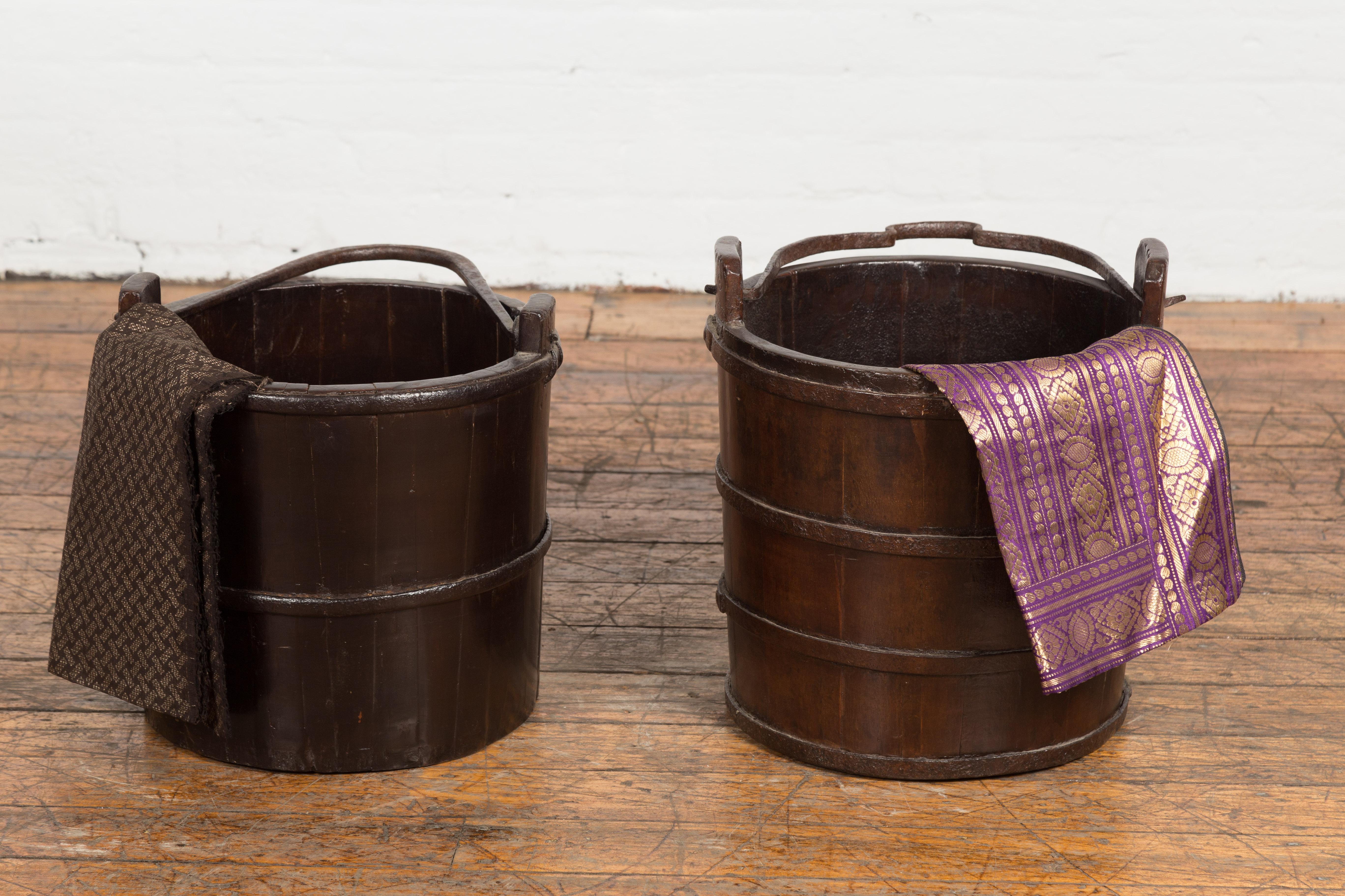 19th Century Chinese Wooden Well Buckets with Dark Brown Lacquer, Sold Each For Sale 5