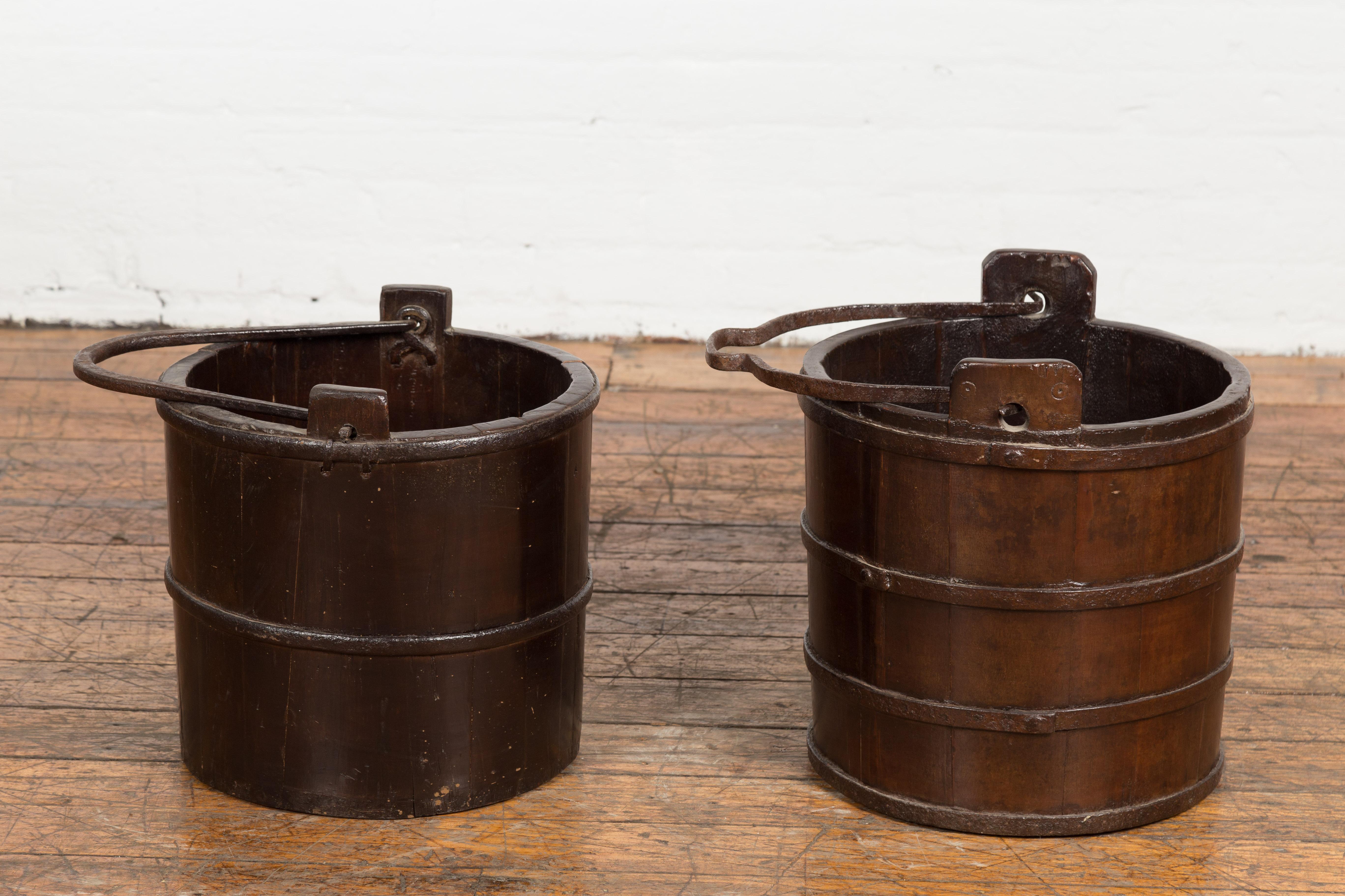 19th Century Chinese Wooden Well Buckets with Dark Brown Lacquer, Sold Each For Sale 6