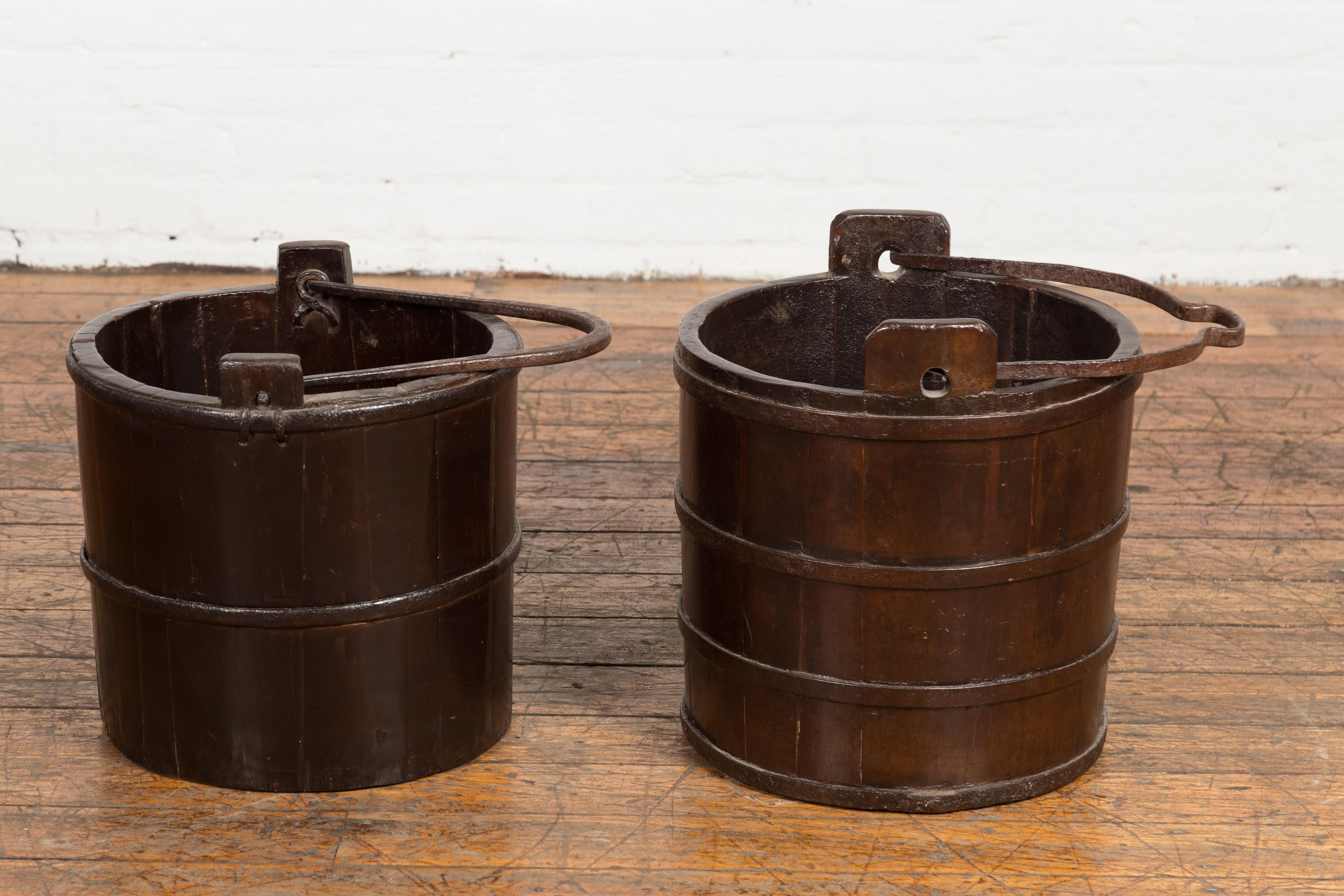 19th Century Chinese Wooden Well Buckets with Dark Brown Lacquer, Sold Each For Sale 7