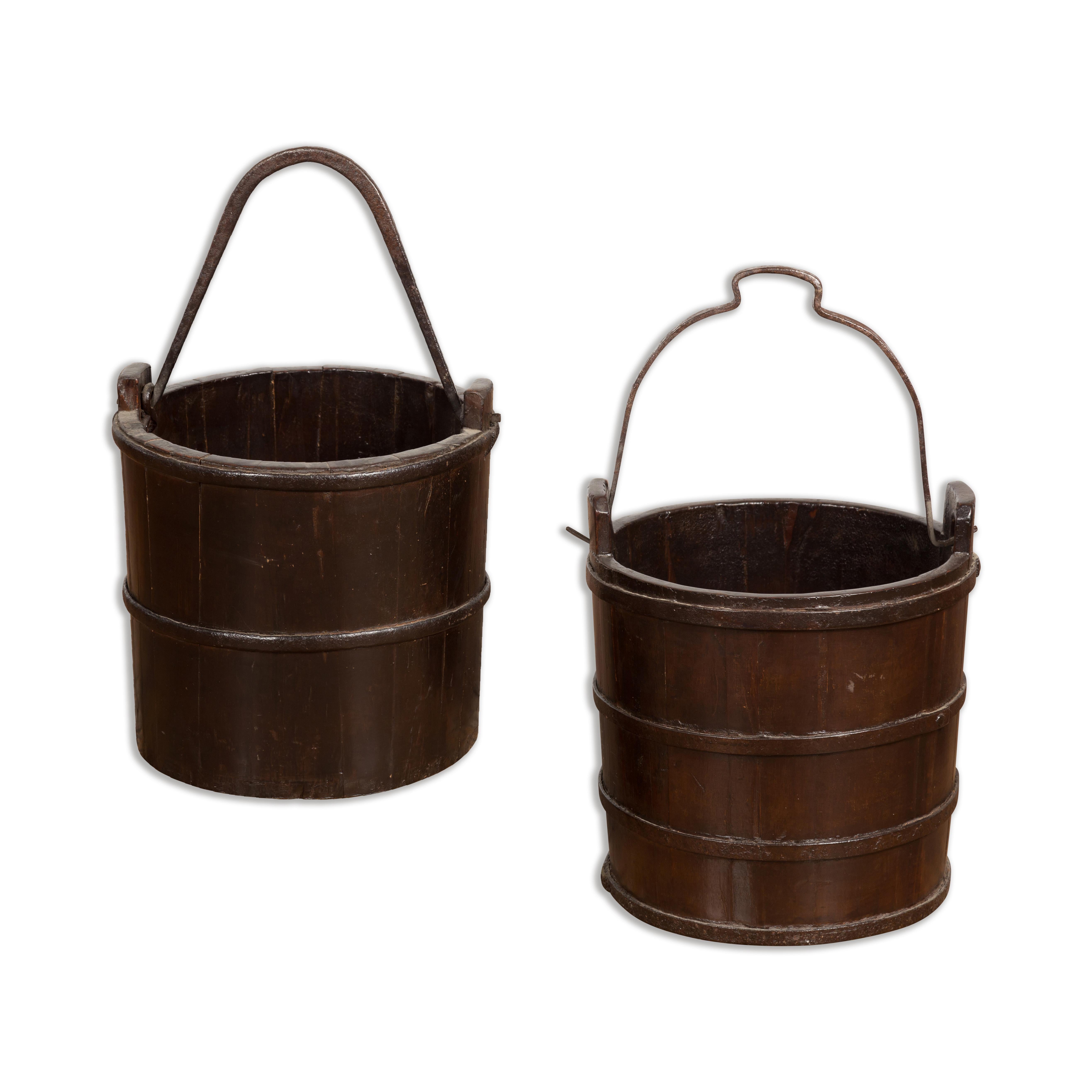 19th Century Chinese Wooden Well Buckets with Dark Brown Lacquer, Sold Each For Sale 8