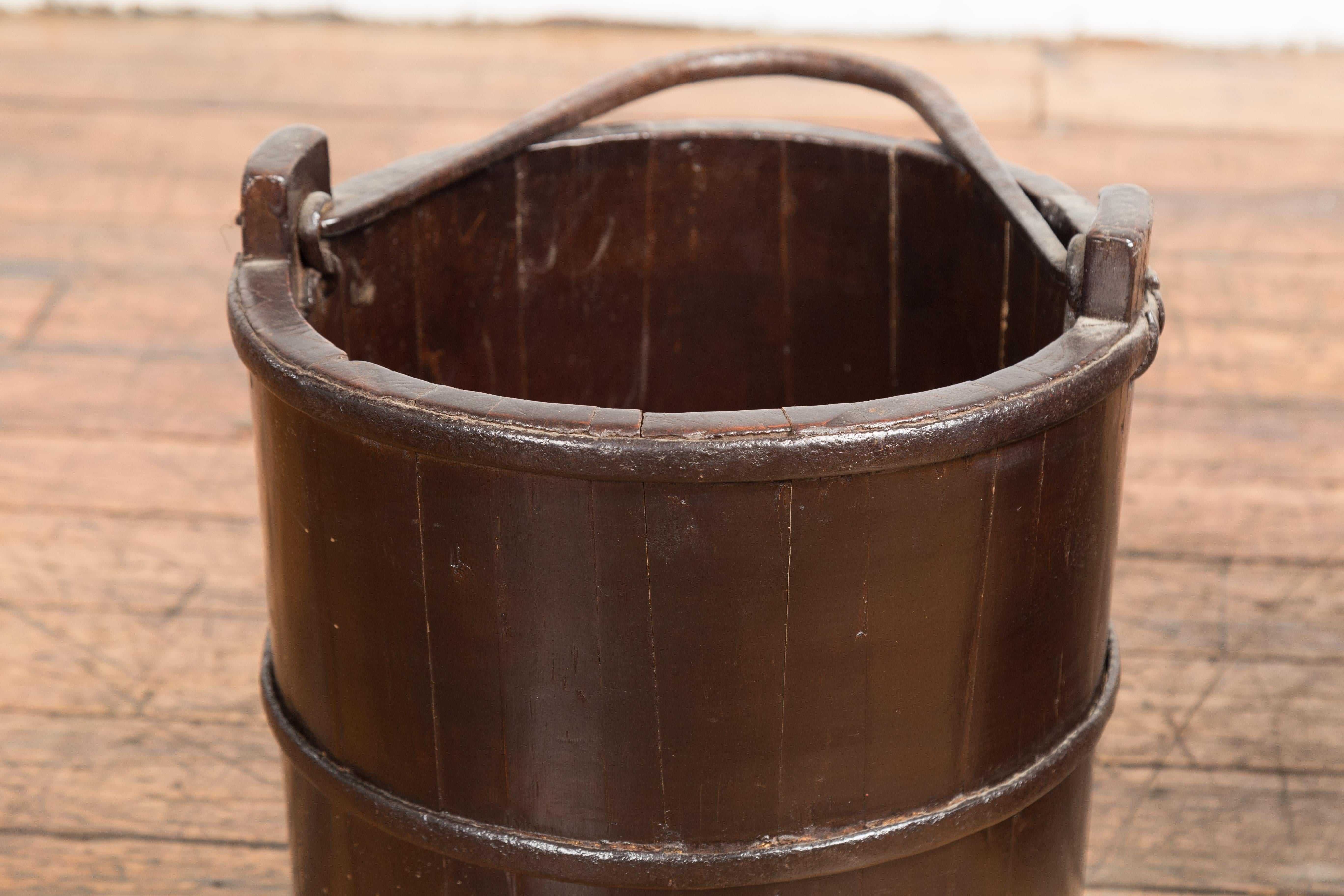 Qing 19th Century Chinese Wooden Well Buckets with Dark Brown Lacquer, Sold Each For Sale