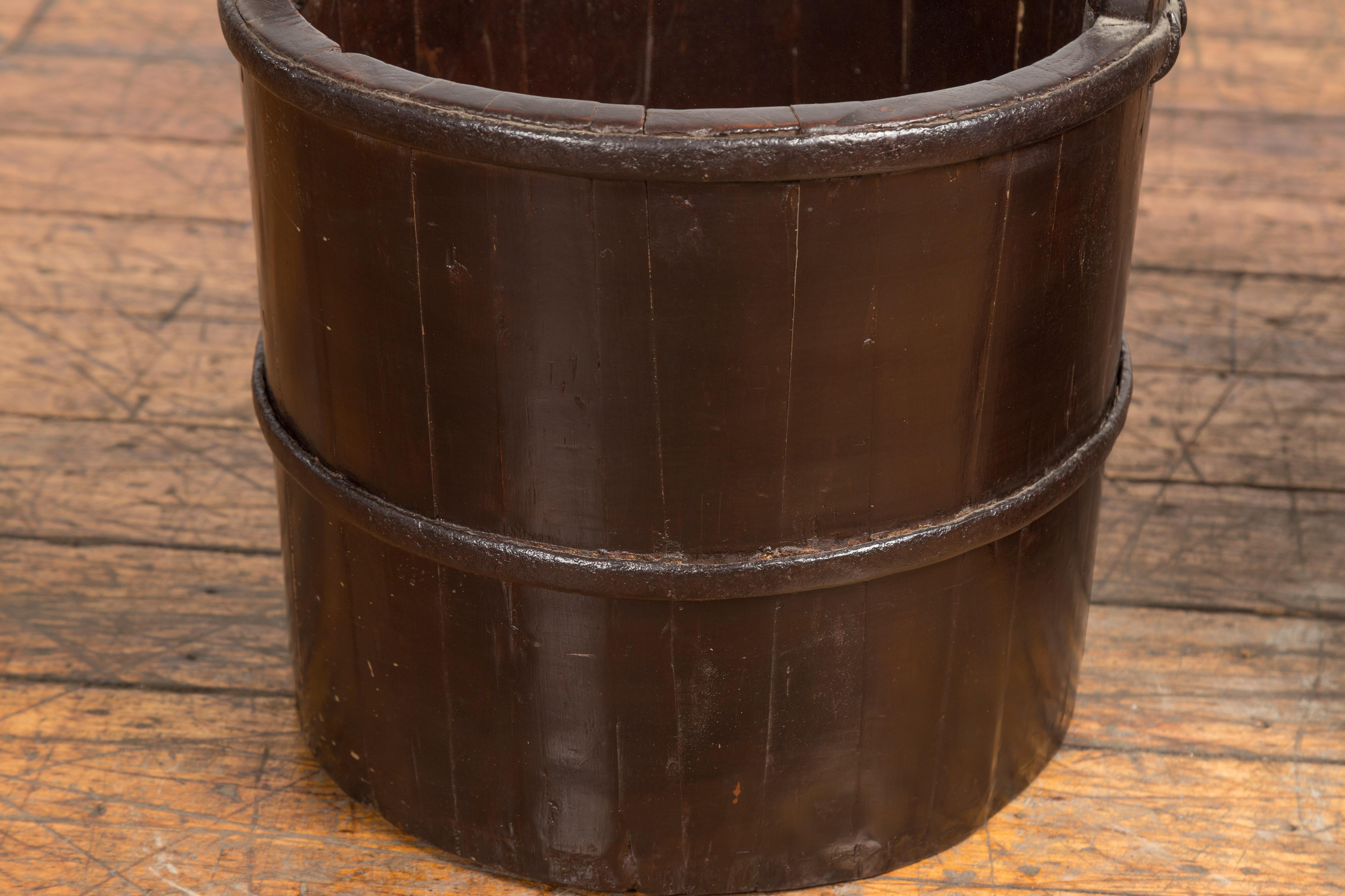 19th Century Chinese Wooden Well Buckets with Dark Brown Lacquer, Sold Each In Good Condition For Sale In Yonkers, NY