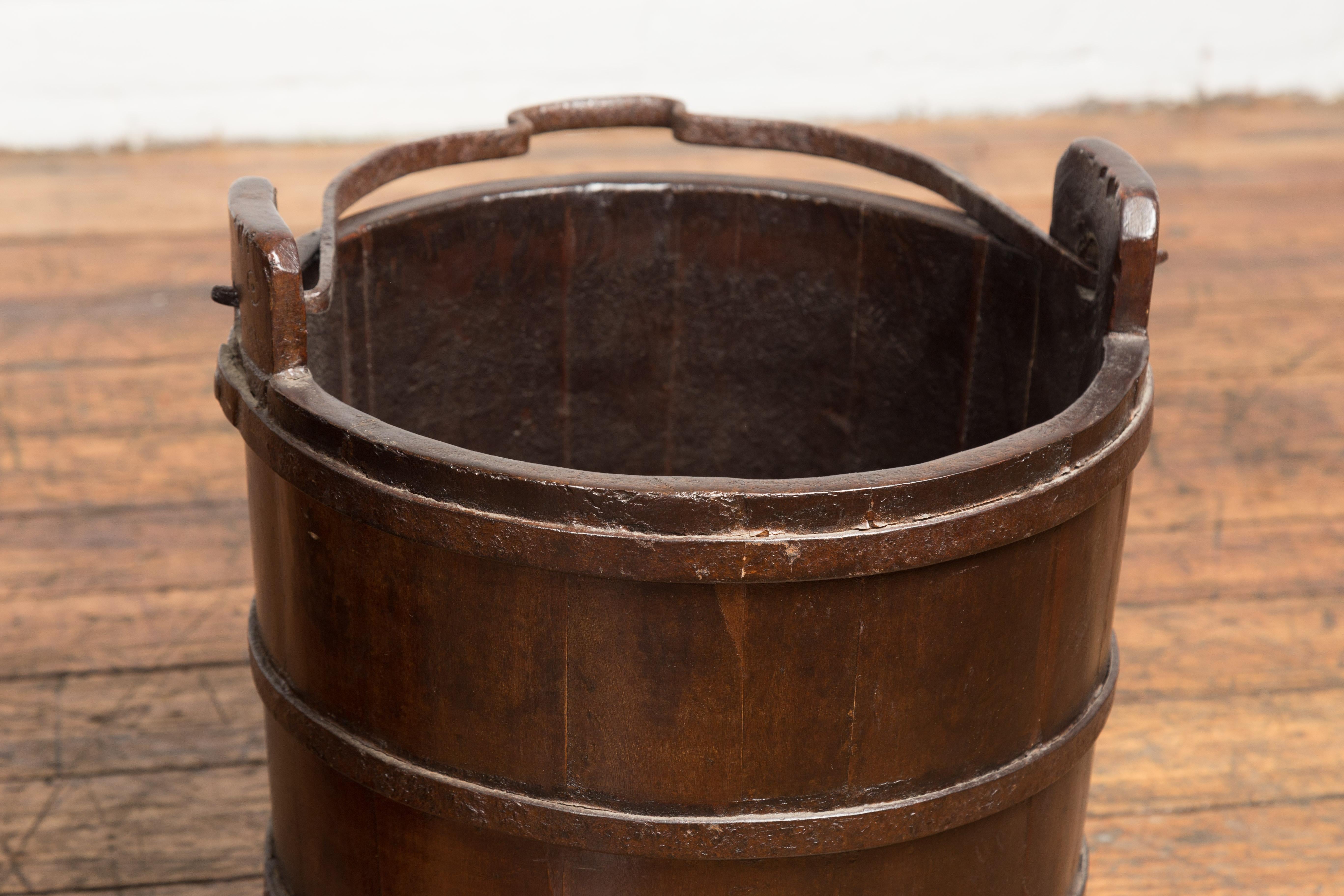 Metal 19th Century Chinese Wooden Well Buckets with Dark Brown Lacquer, Sold Each For Sale