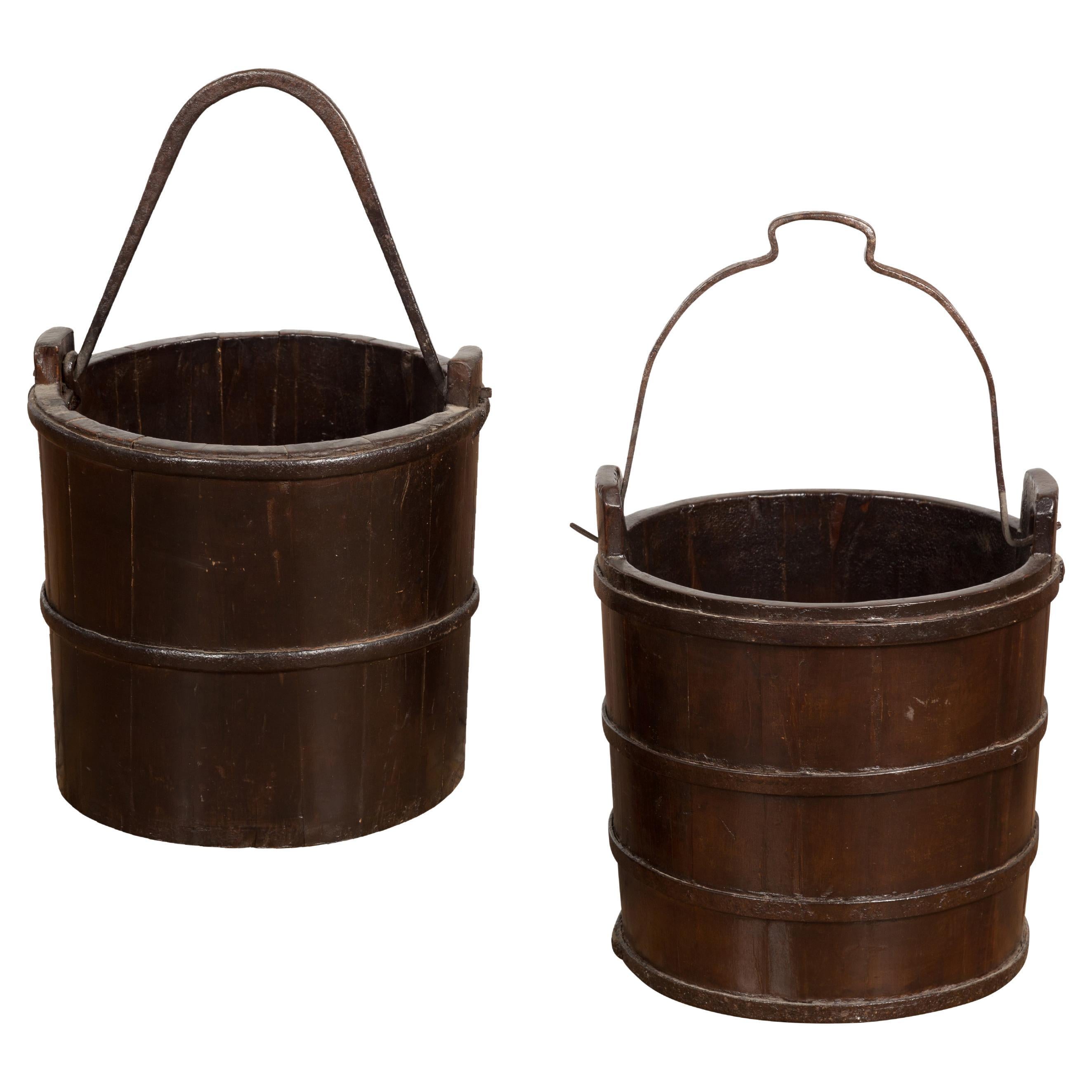 19th Century Chinese Wooden Well Buckets with Dark Brown Lacquer, Sold Each