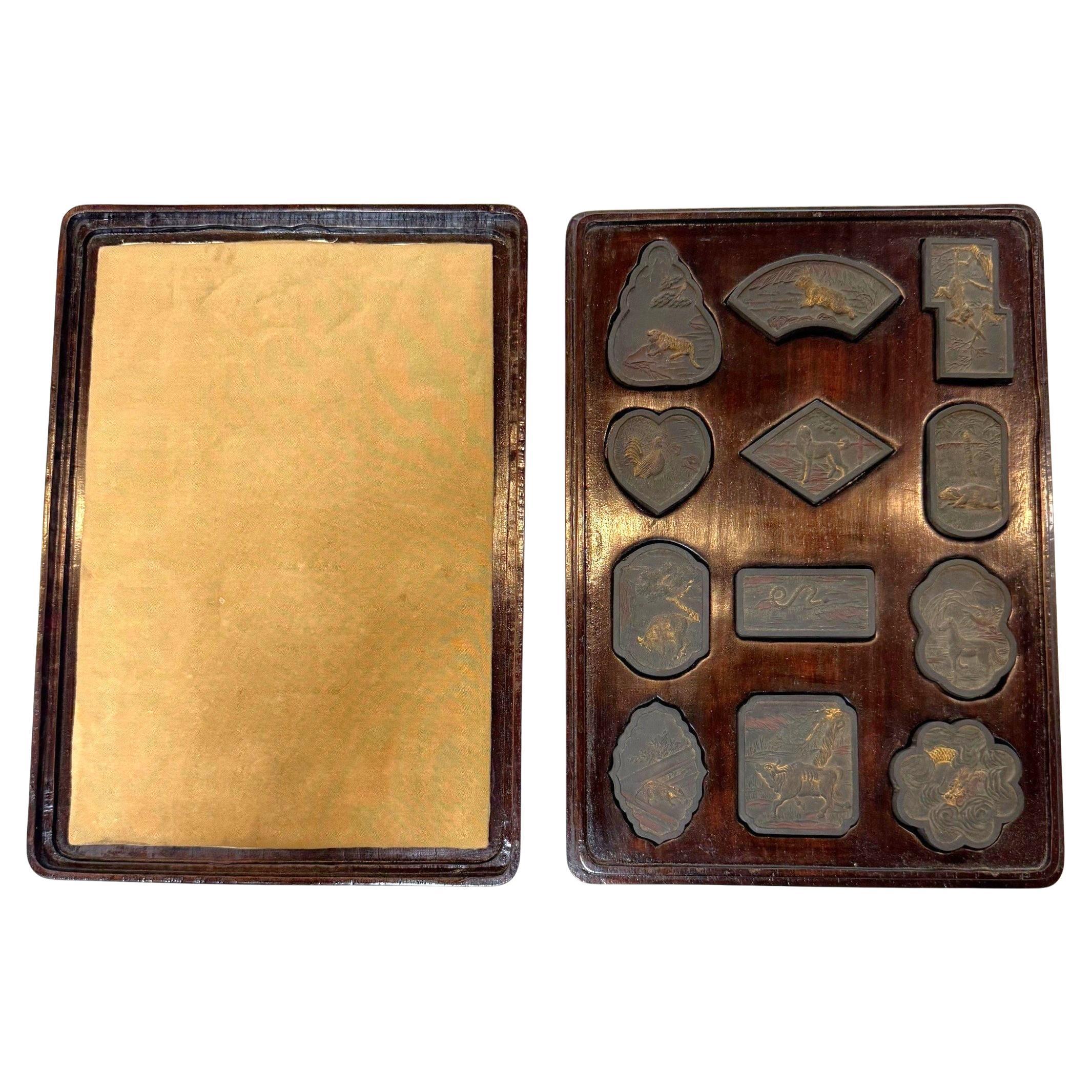 19th Century Chinese Zodiac Ink Cakes Set of 12 Animals Wooden Presentation Box.
