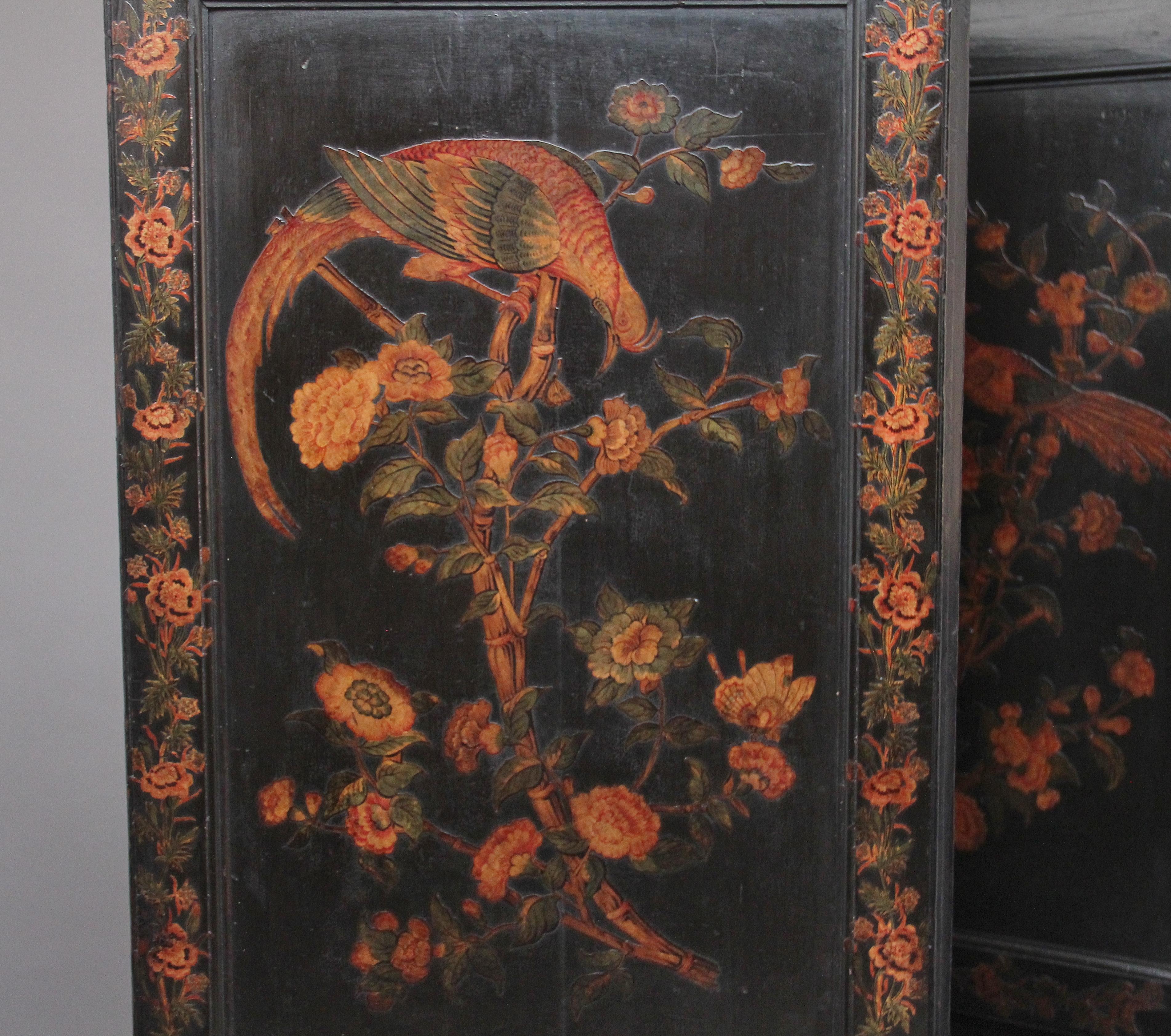 19th Century Chinoiserie and Black Lacquered Four Panel Screen 4