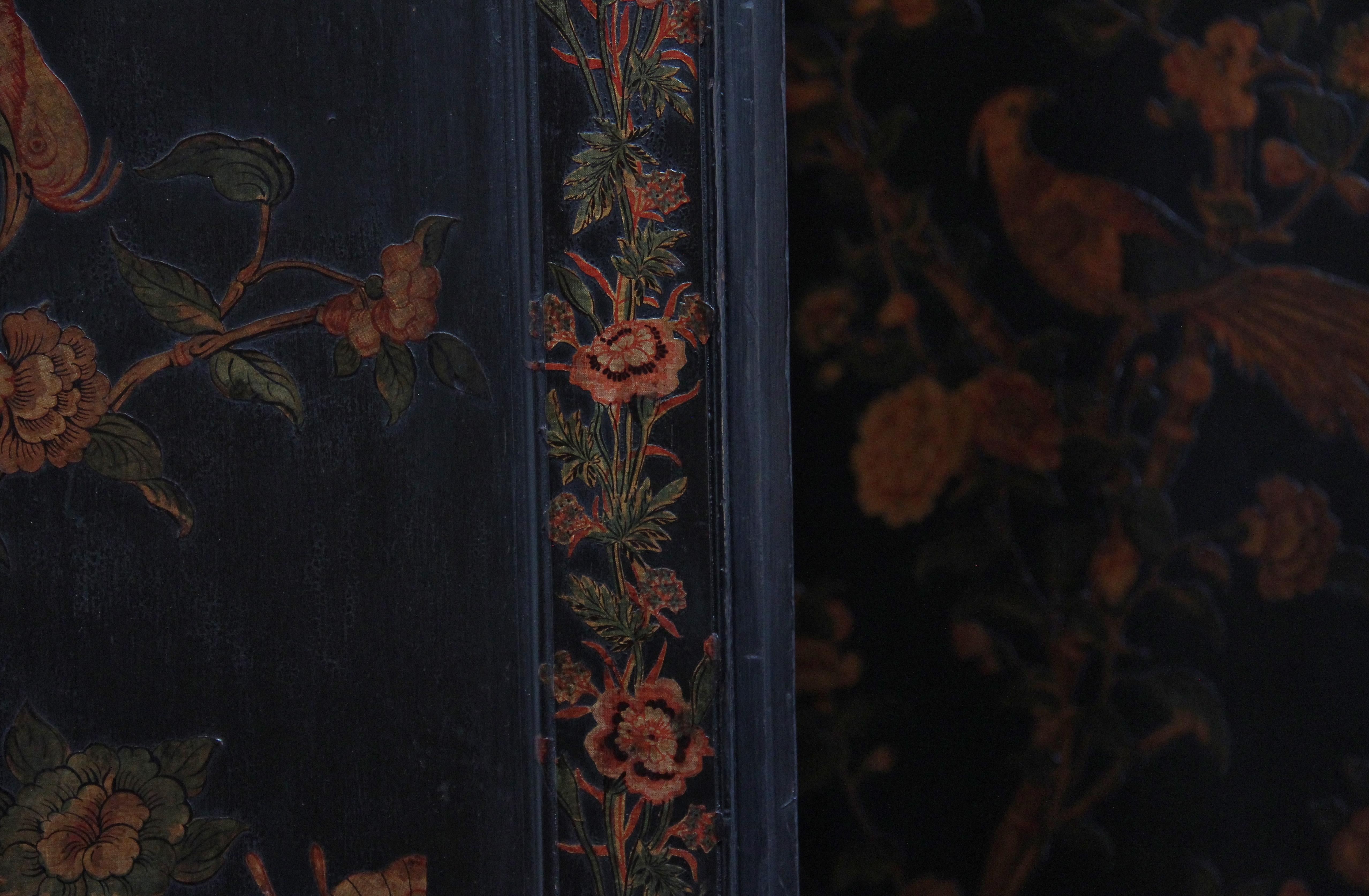 19th Century Chinoiserie and Black Lacquered Four Panel Screen 5