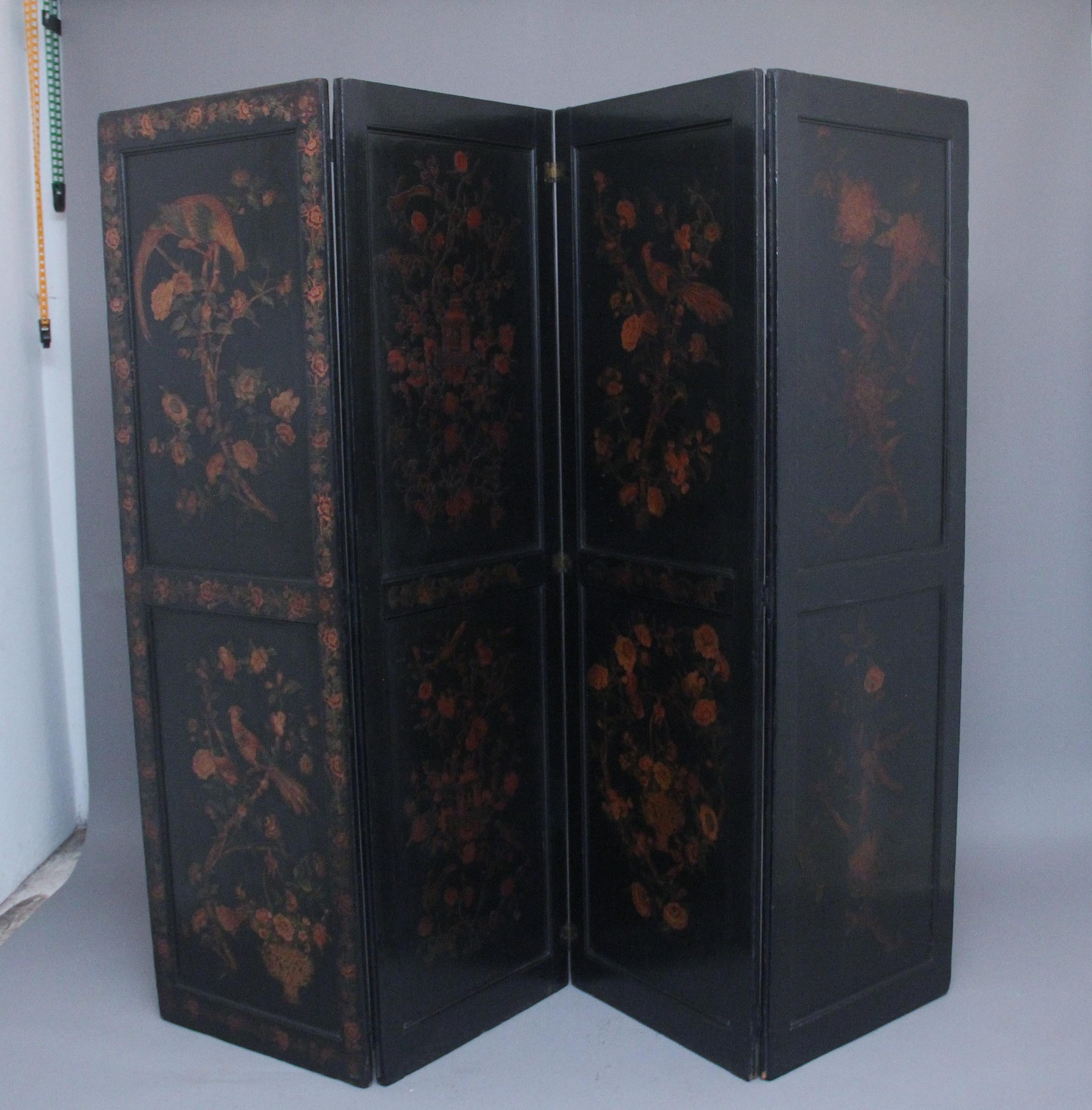 Victorian 19th Century Chinoiserie and Black Lacquered Four Panel Screen